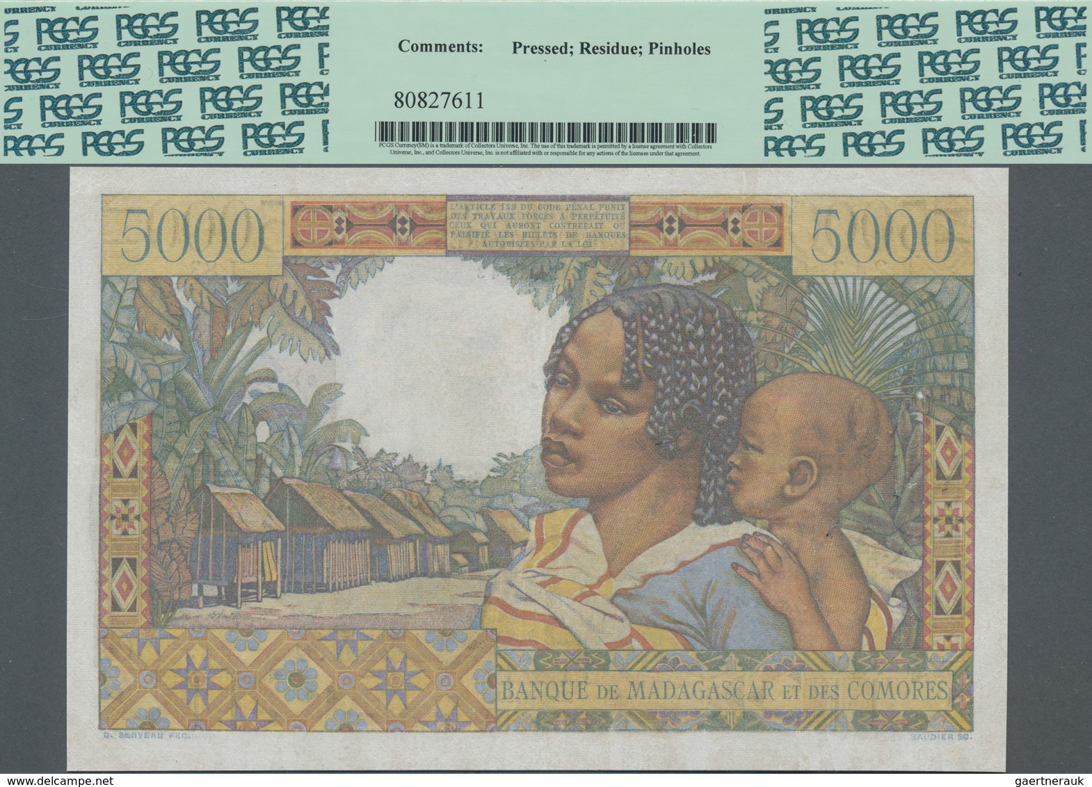 Madagascar: Banque De Madagascar Et Des Comores 5000 Francs 1950 With Signature Title Left: "Control - Madagascar