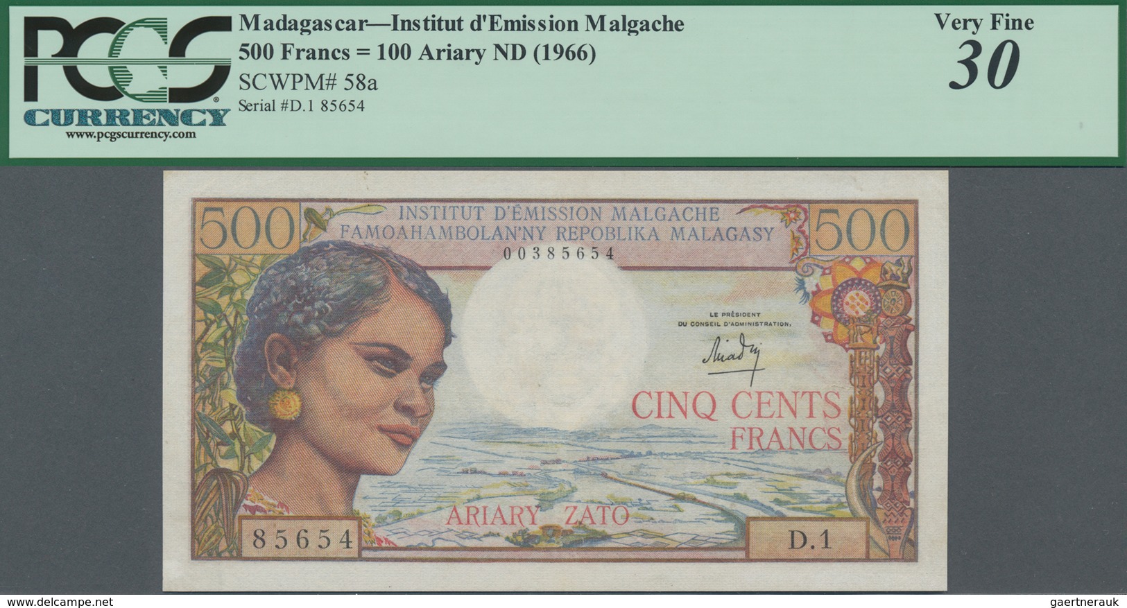 Madagascar: Institut D'Émission Malgache 500 Francs = 100 Ariary ND(1966), P.58a, Some Pinholes At L - Madagaskar