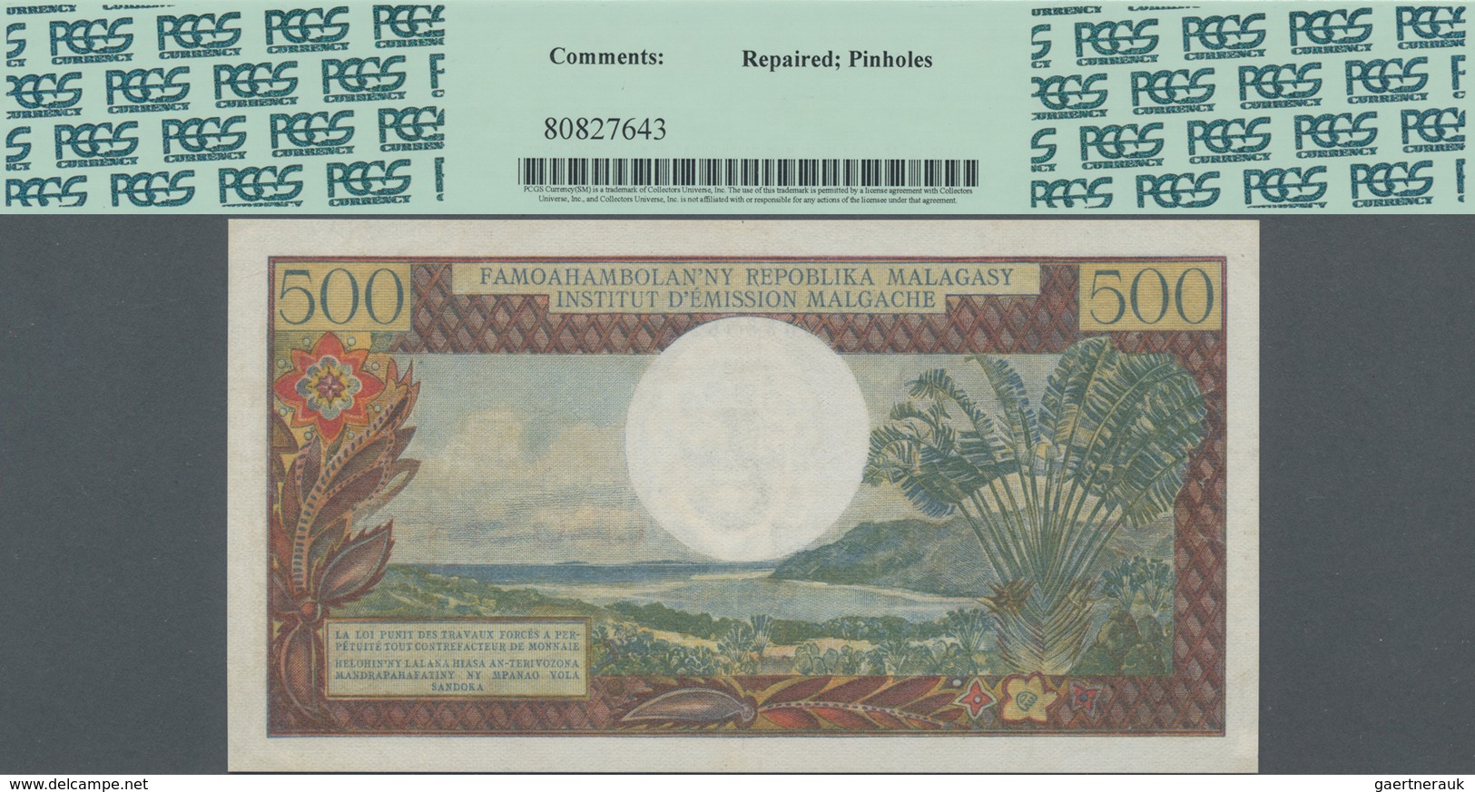 Madagascar: Institut D'Émission Malgache 500 Francs = 100 Ariary ND(1966), P.58a, Some Pinholes At L - Madagascar