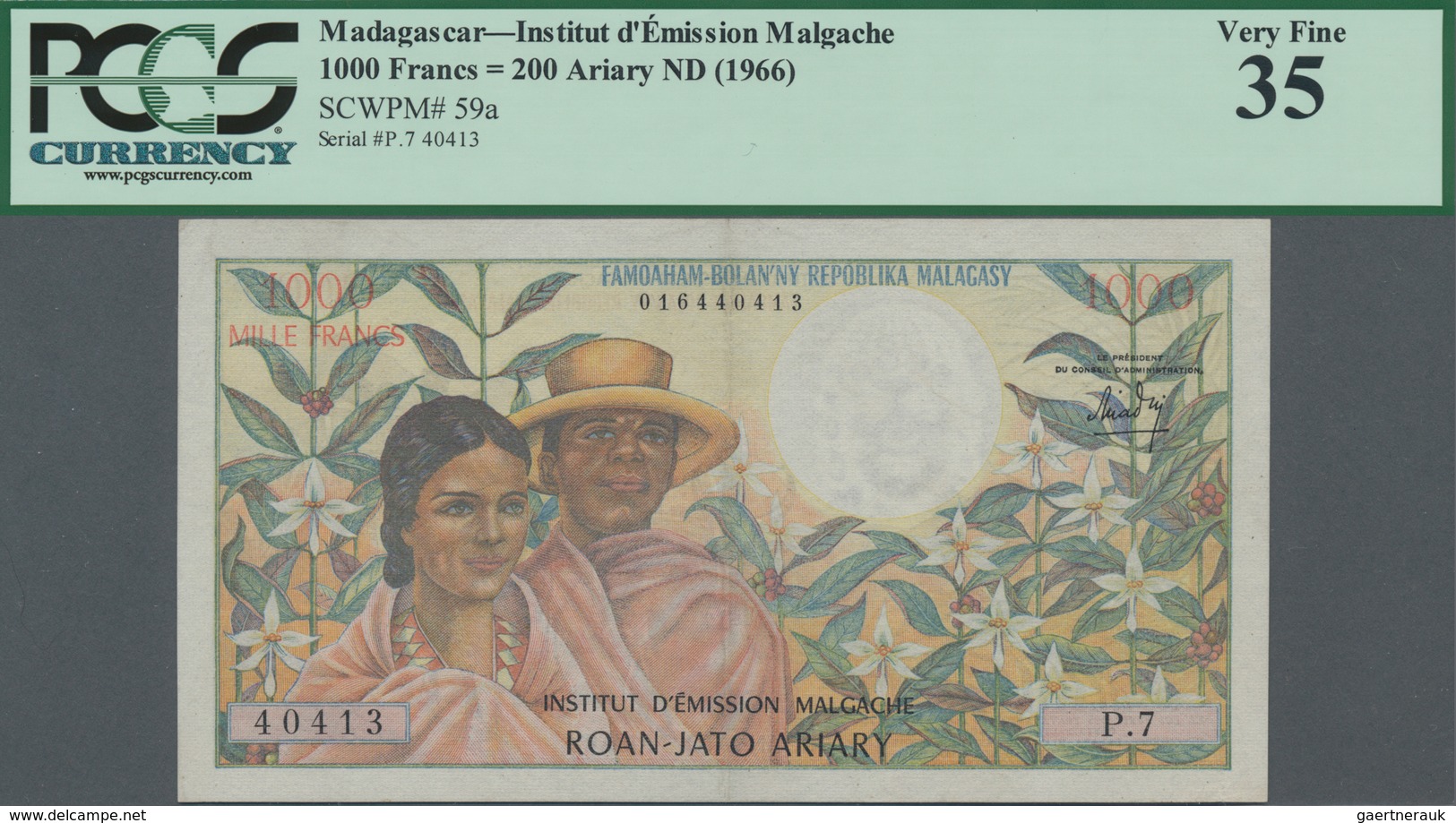 Madagascar: Institut D'Émission Malgache 1000 Francs = 200 Ariary ND(1966), P.59a, Tiny Pinholes At - Madagaskar