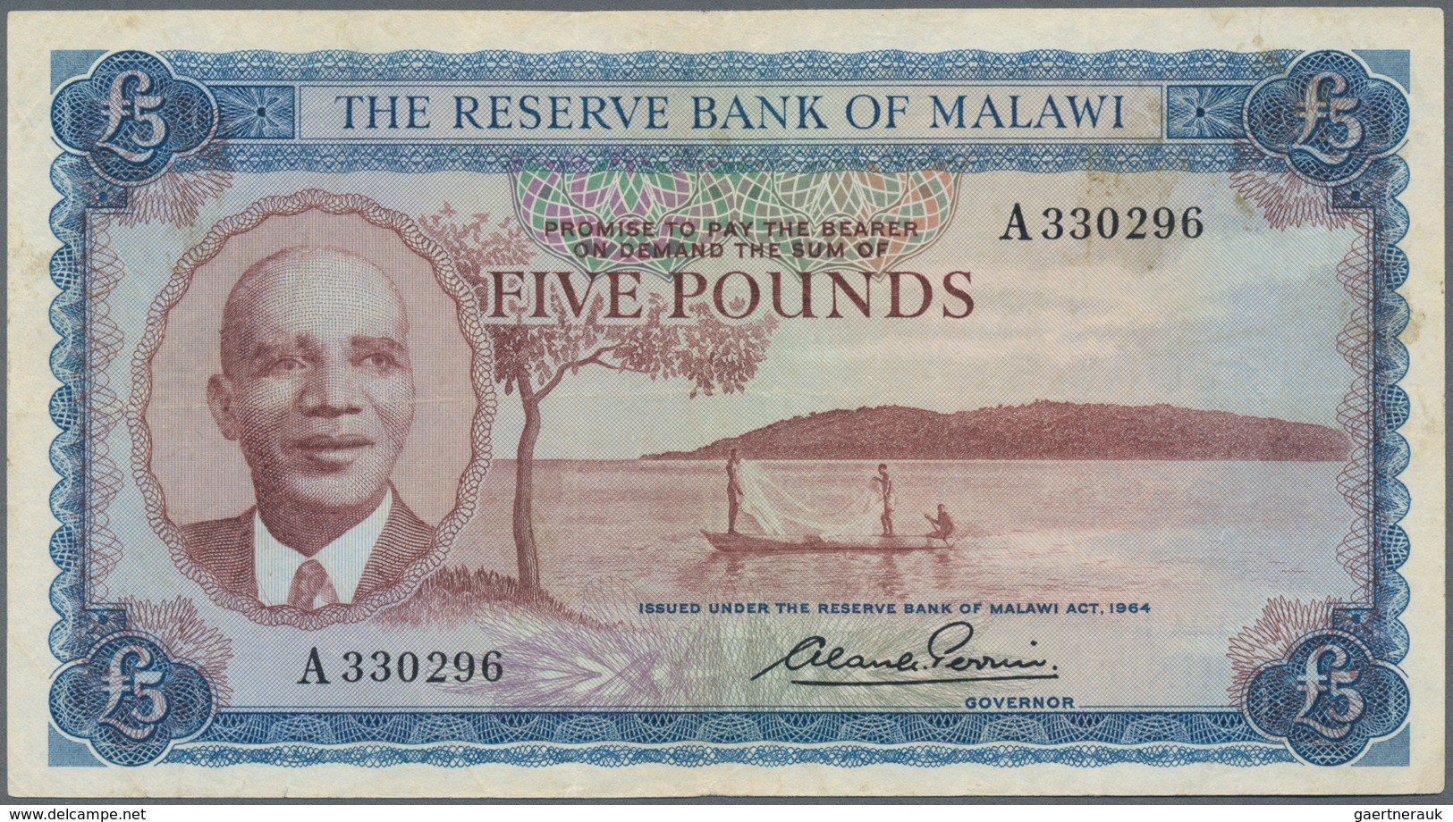 Malawi: Reserve Bank Of Malawi 5 Pounds L.1964, P.4, Very Popular And Rare Banknote, Still Great Con - Malawi