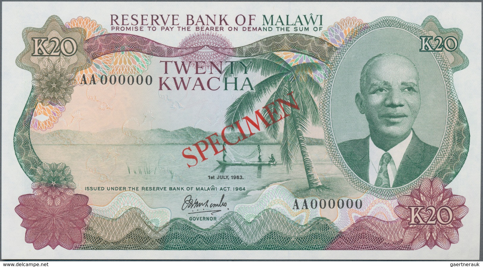 Malawi: Reserve Bank Of Malawi 20 Kwacha 1983, P.17as With Red Overprint "Specimen", Serial Number A - Malawi