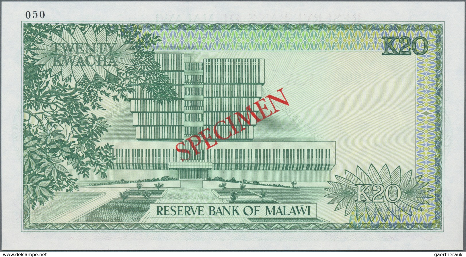 Malawi: Reserve Bank Of Malawi 20 Kwacha 1983, P.17as With Red Overprint "Specimen", Serial Number A - Malawi