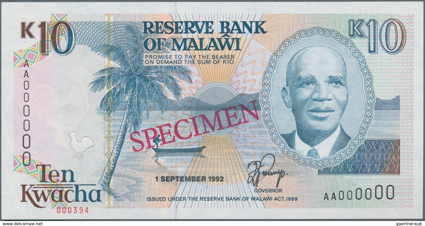 Malawi: Reserve Bank Of Malawi 10 Kwacha 1992, P.25s With Red Overprint "Specimen", Serial Number AA - Malawi