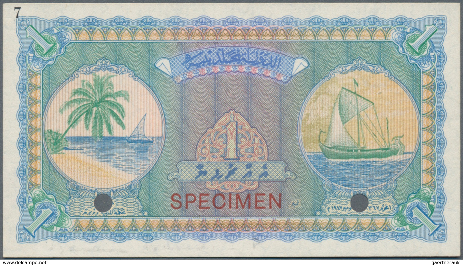 Maldives / Malediven: Maldivian State / Government Treasurer 1 Rufiyaa 1947 SPECIMEN, P.2as With Spe - Maldiven