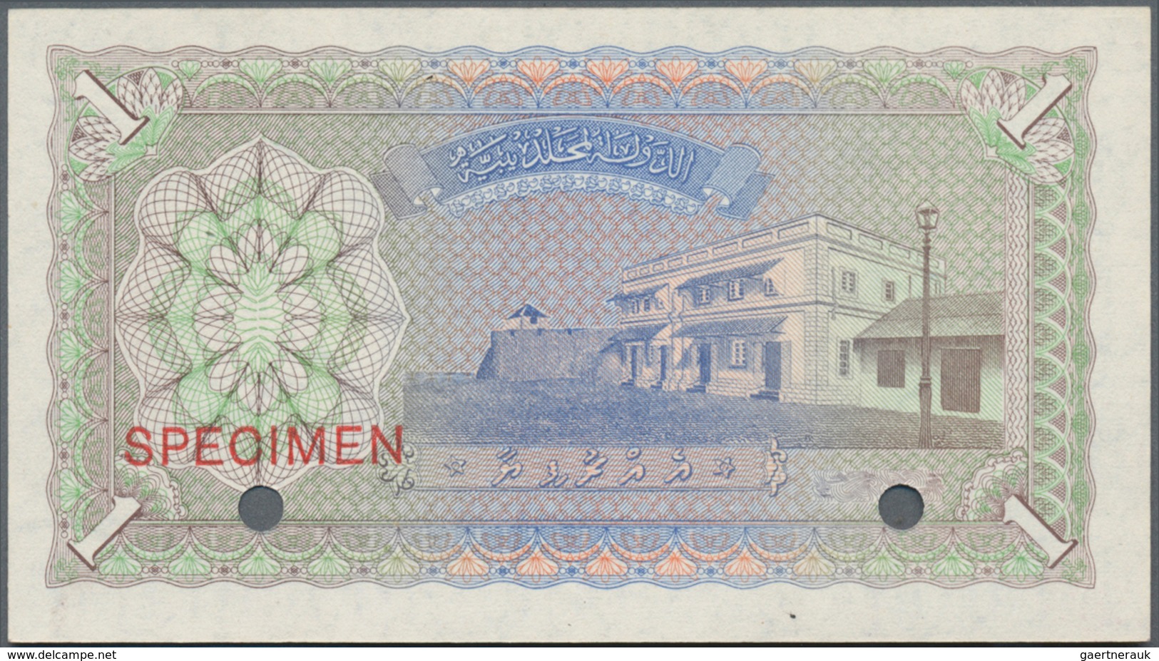 Maldives / Malediven: Maldivian State / Government Treasurer 1 Rufiyaa 1947 SPECIMEN, P.2as With Spe - Maldiven