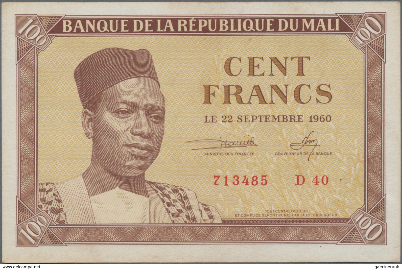 Mali: Banque De La République Du Mali 100 Francs 1960, P.2, Almost Perfect Condition With A Few Spot - Mali