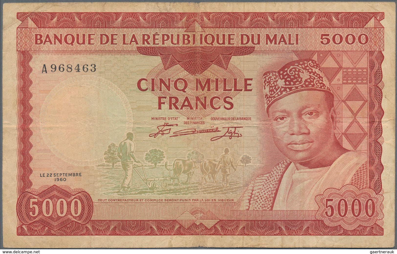 Mali: Banque De La République Du Mali 5000 Francs 1960 (1967), P.10, Lightly Stained Paper With Smal - Mali