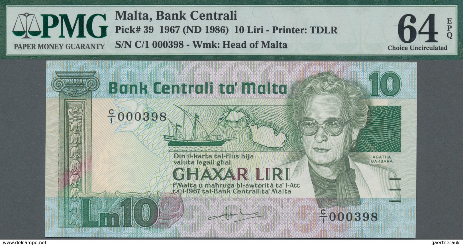 Malta: Bank Centrali ta' Malta set with 4 banknotes comprising 10 Liri ND(1986) P.39 PMG 64 EPQ, 20