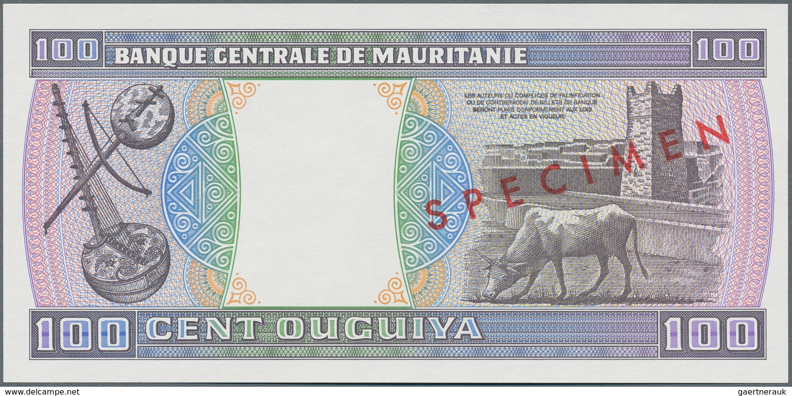 Mauritania / Mauretanien: 100 Ouguiya 1983 Front And Reverse Specimen With Red Overprint "SPECIMEN" - Mauritanien