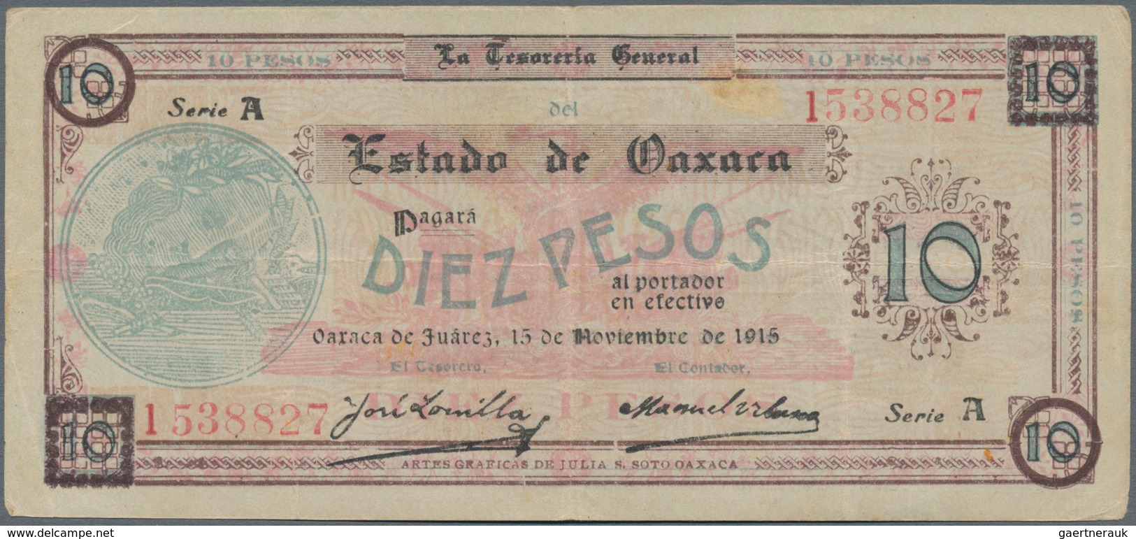 Mexico: Tesorería General Del Estado De Oaxaca 10 Pesos 1915, P.S957a In About XF Condition. - Mexiko
