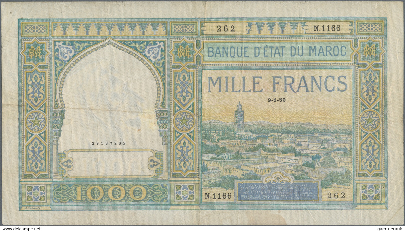 Morocco / Marokko: Banque D'État Du Maroc 1000 Francs 1950, P.16c, Still Intact Without Larger Damag - Maroc