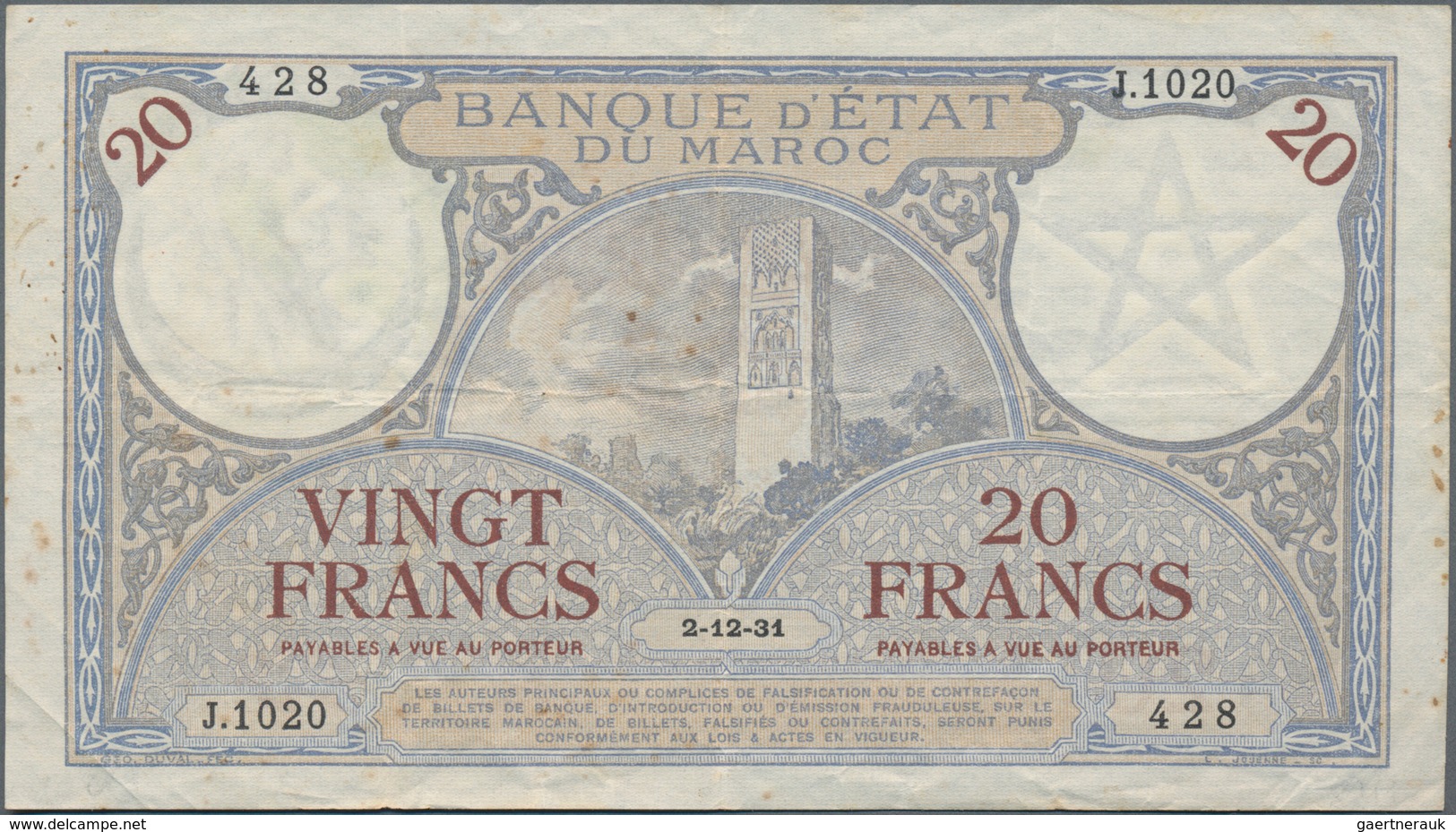 Morocco / Marokko: Banque D'État Du Maroc 20 Francs With Rare Date December 2nd 1931, P.18a, Still S - Morocco