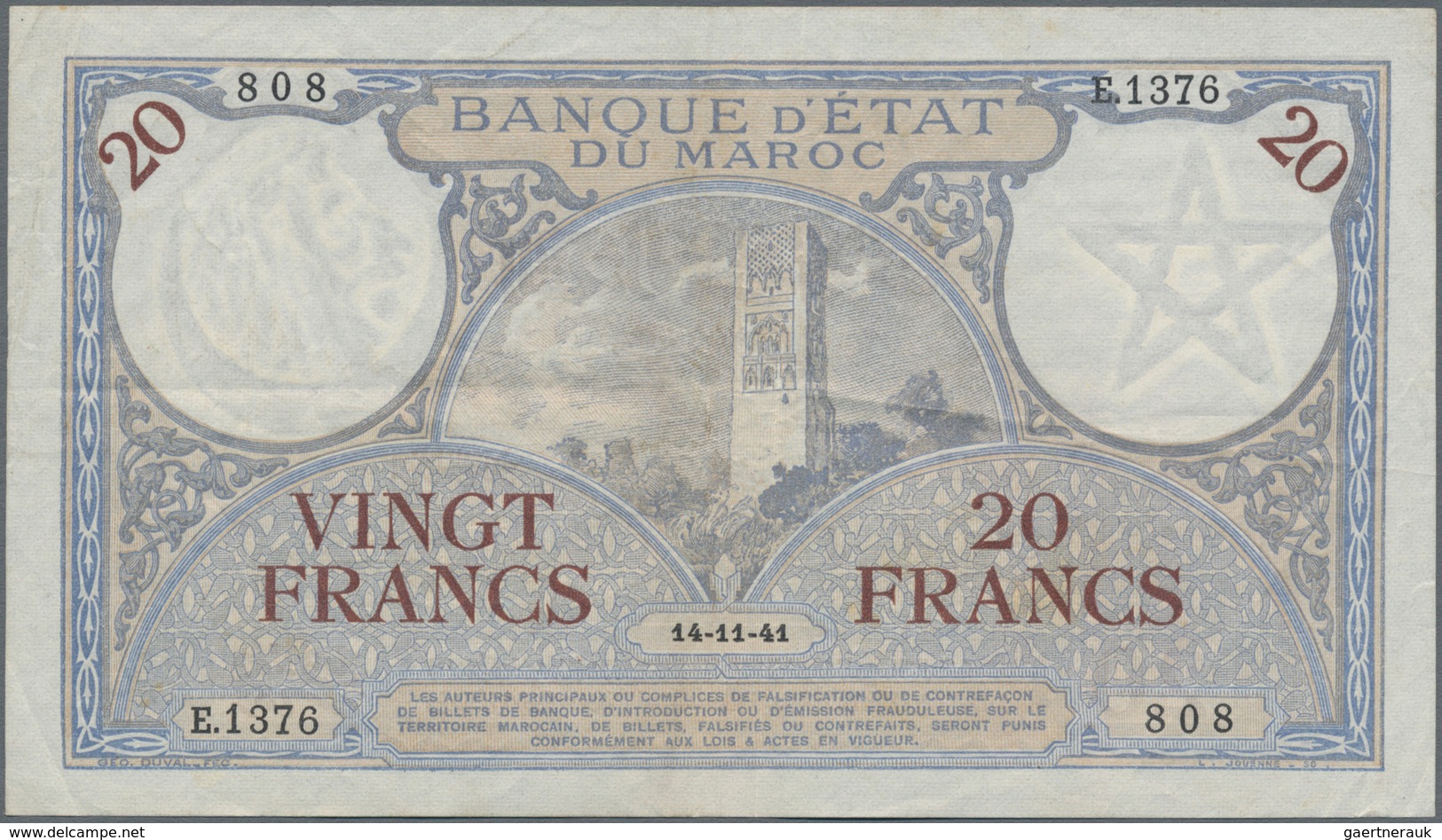 Morocco / Marokko: Banque D'État Du Maroc 20 Francs 1941, P.18b, Some Minor Folds And Creases And A - Marruecos