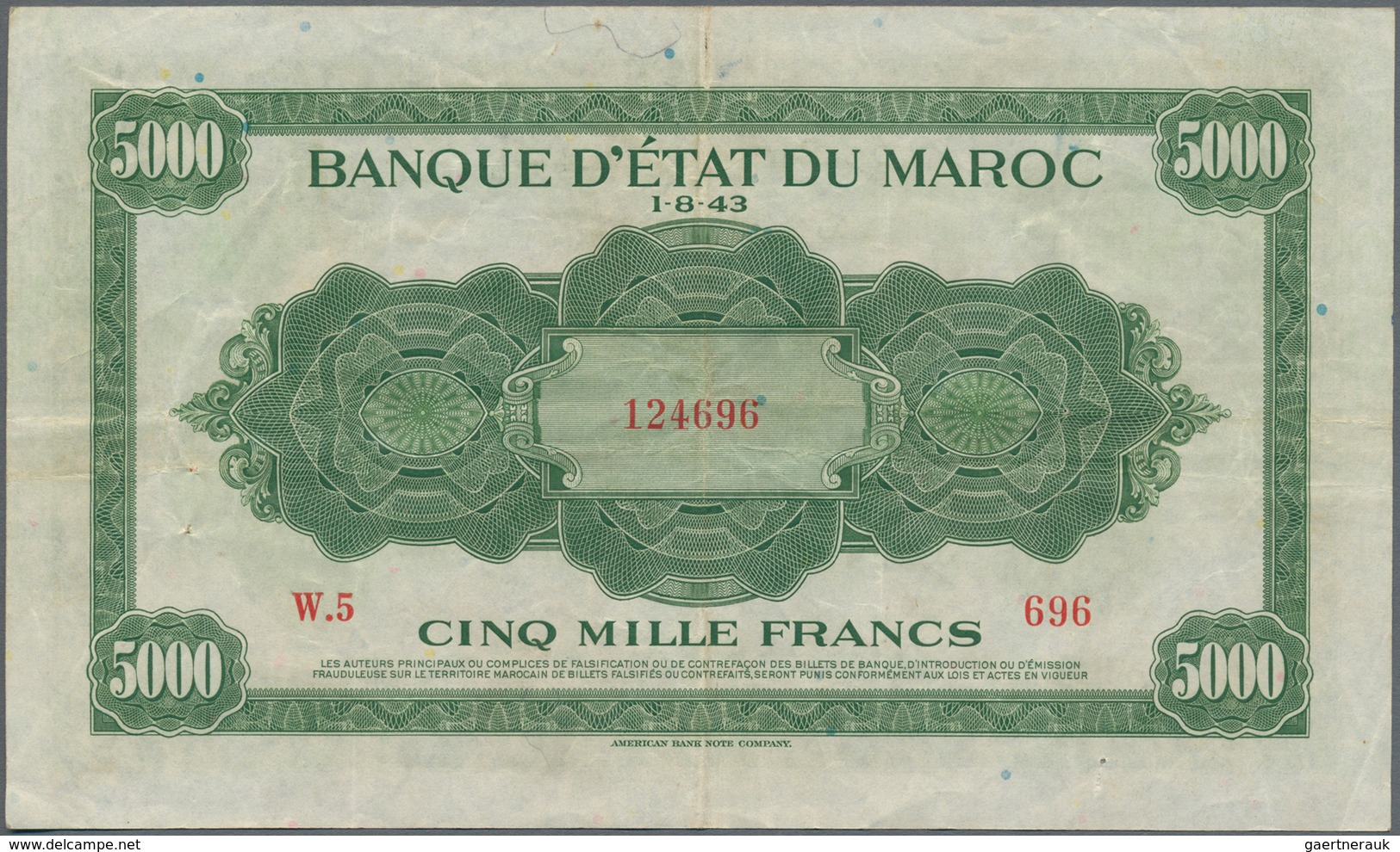 Morocco / Marokko: Banque D'État Du Maroc 5000 Francs 1943, P.32, Still Nice With Strong Paper, Some - Maroc