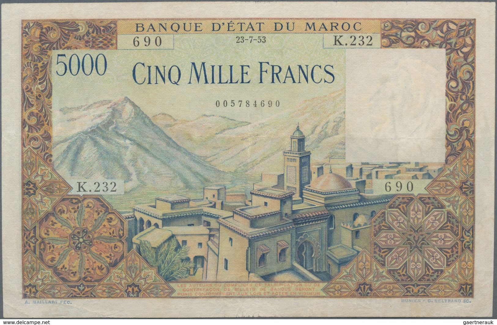 Morocco / Marokko: Banque D'État Du Maroc 5000 Francs 1953, P.49, Lightly Pressed With Small Margin - Marokko