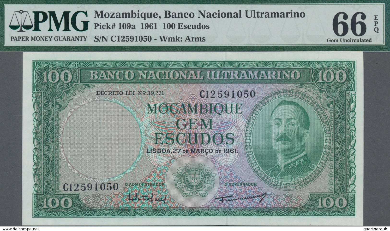 Mozambique: Banco Nacional Ultramarino Pair Of The 100 Escudos 1961, One With Watermark P.109a And O - Moçambique