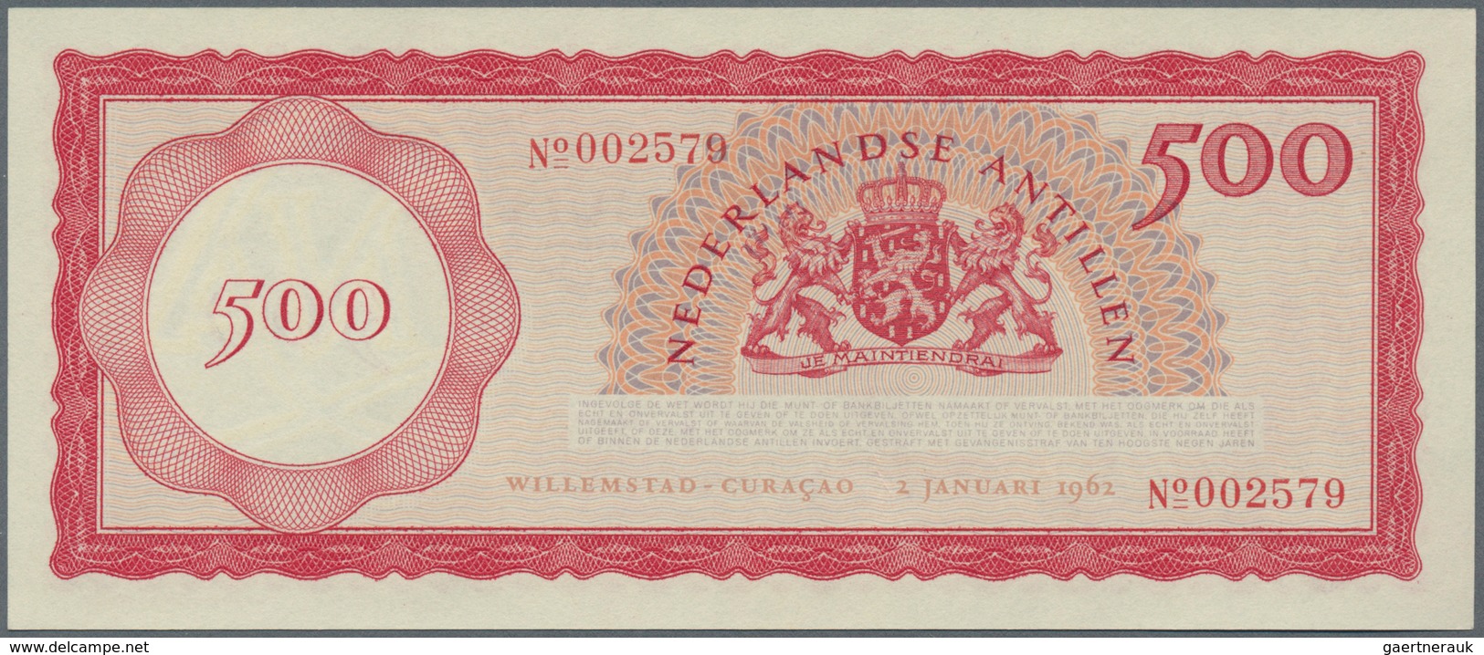 Netherlands Antilles / Niederländische Antillen: 500 Gulden 1962, P.7a In Perfect UNC Condition. Rar - Niederländische Antillen (...-1986)