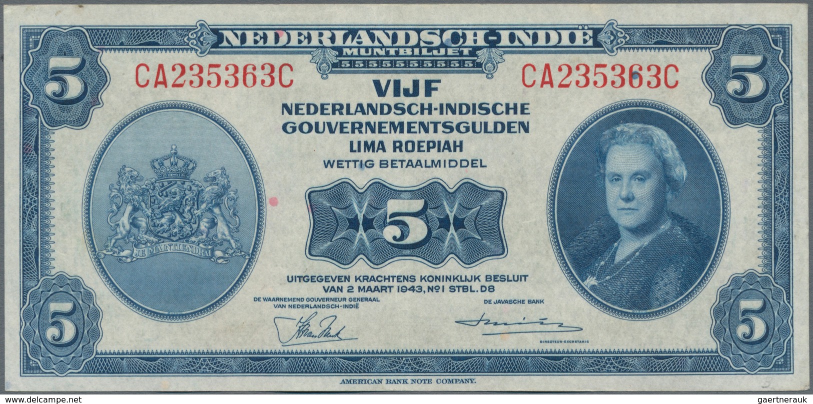 Netherlands Indies / Niederländisch Indien: 5 Gulden L.1943, P.113a, Almost Perfect, Just Some Minor - Dutch East Indies
