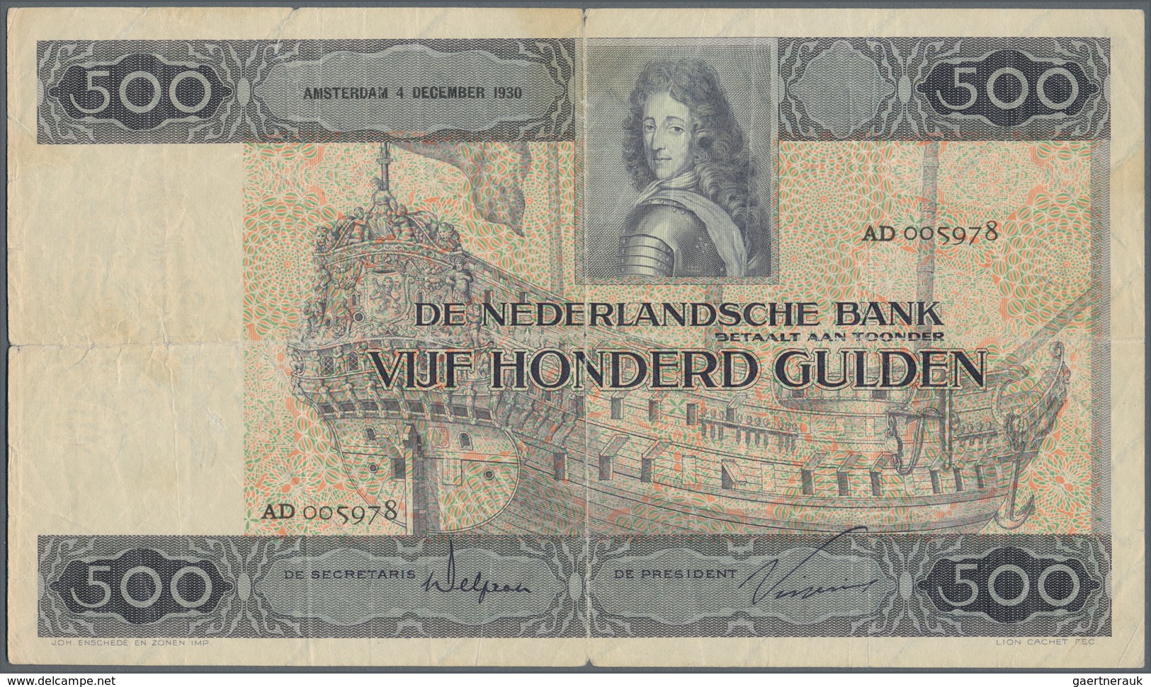 Netherlands / Niederlande: 500 Gulden 1930, P.52, Very Popular Note In Still Nice Condition With Sma - Other & Unclassified