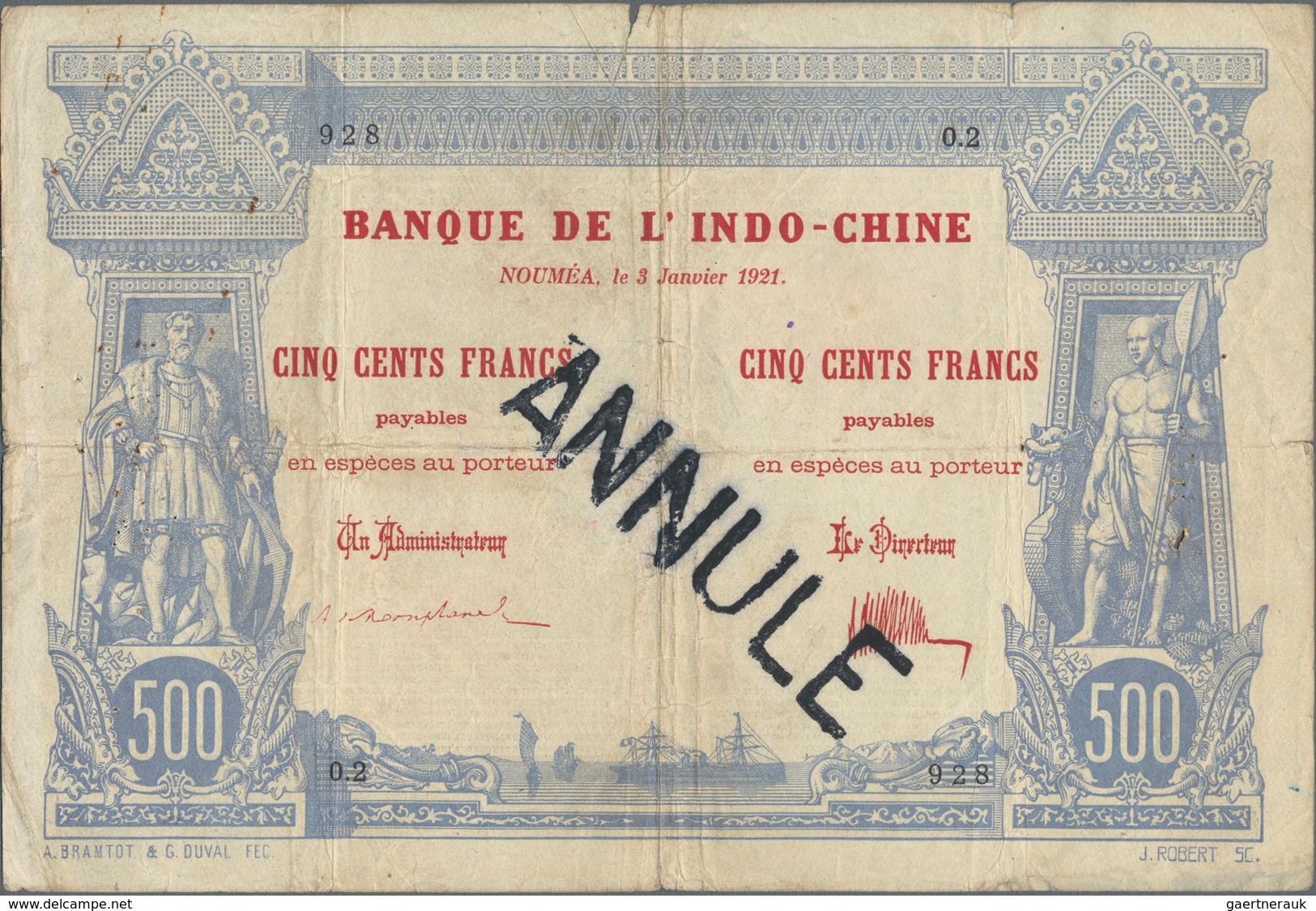 New Caledonia / Neu Kaledonien: Banque De L'Indo-Chine - Noumea, 500 Francs 1921, P.22 With Black St - Nouvelle-Calédonie 1873-1985