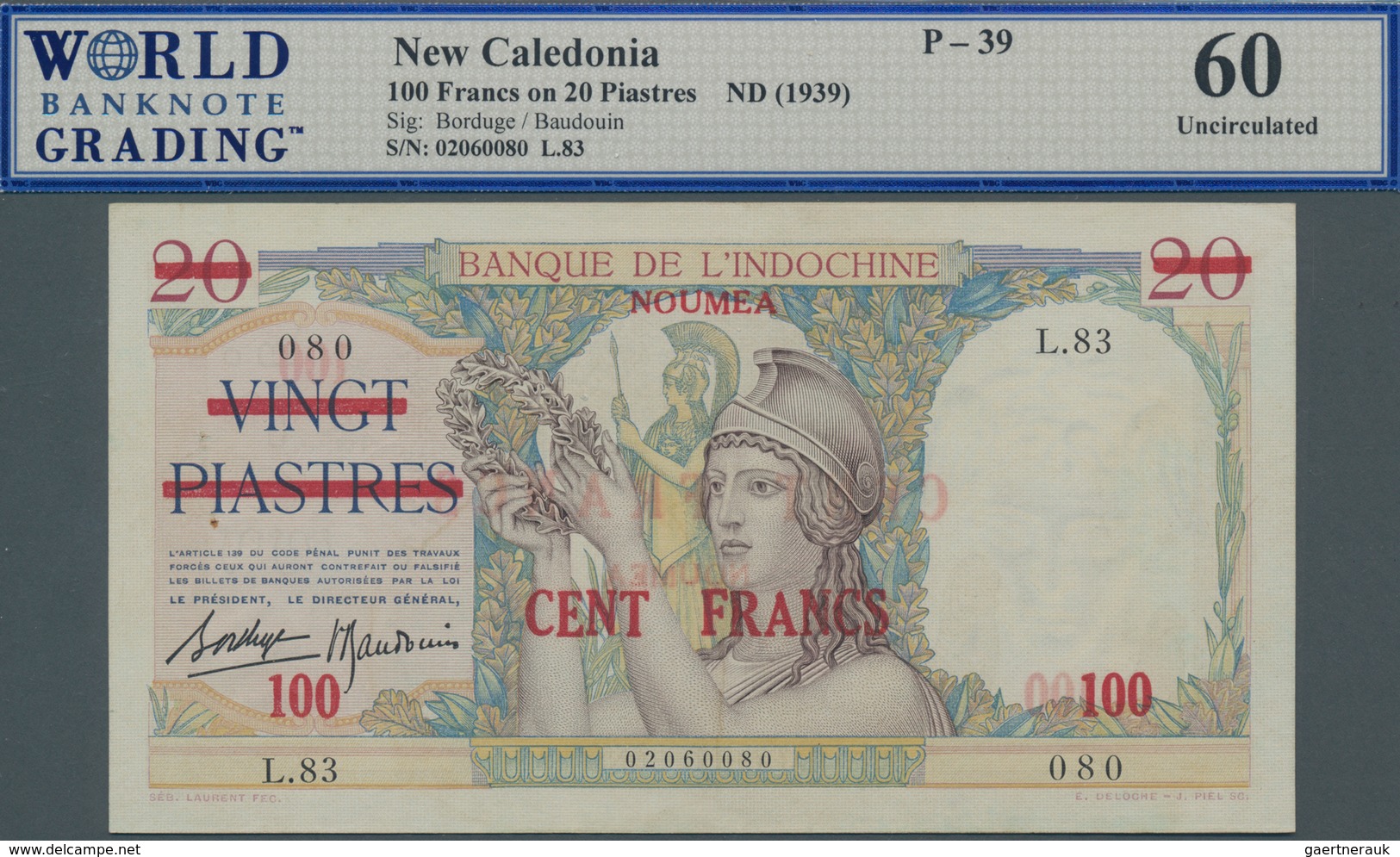 New Caledonia / Neu Kaledonien: Banque De L'Indo-Chine – NOUMEA 100 Francs Overprint On 20 Piastres - Nouméa (Neukaledonien 1873-1985)