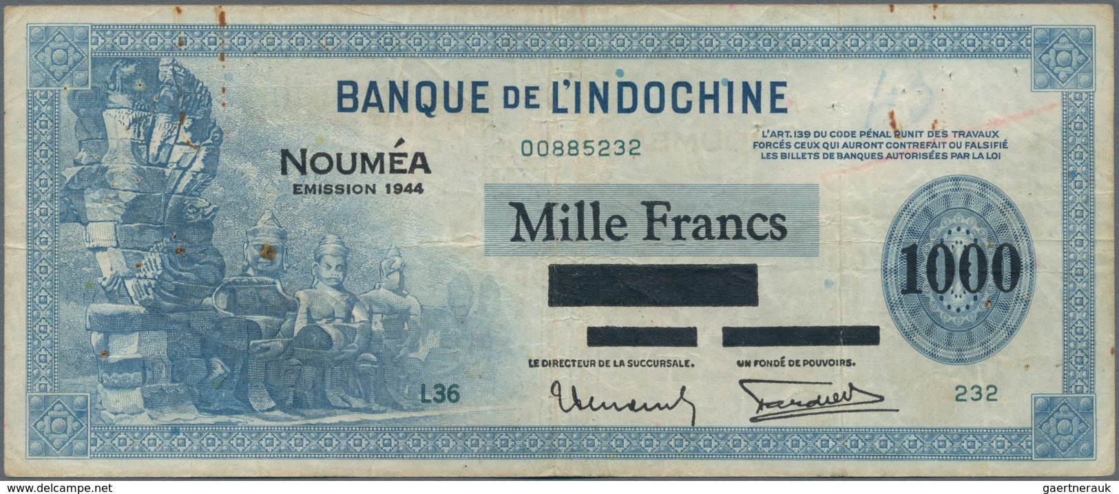 New Caledonia / Neu Kaledonien: Banque De L'Indochine - Noumea 1000 Francs Overprint "Émission 1944" - Nouvelle-Calédonie 1873-1985