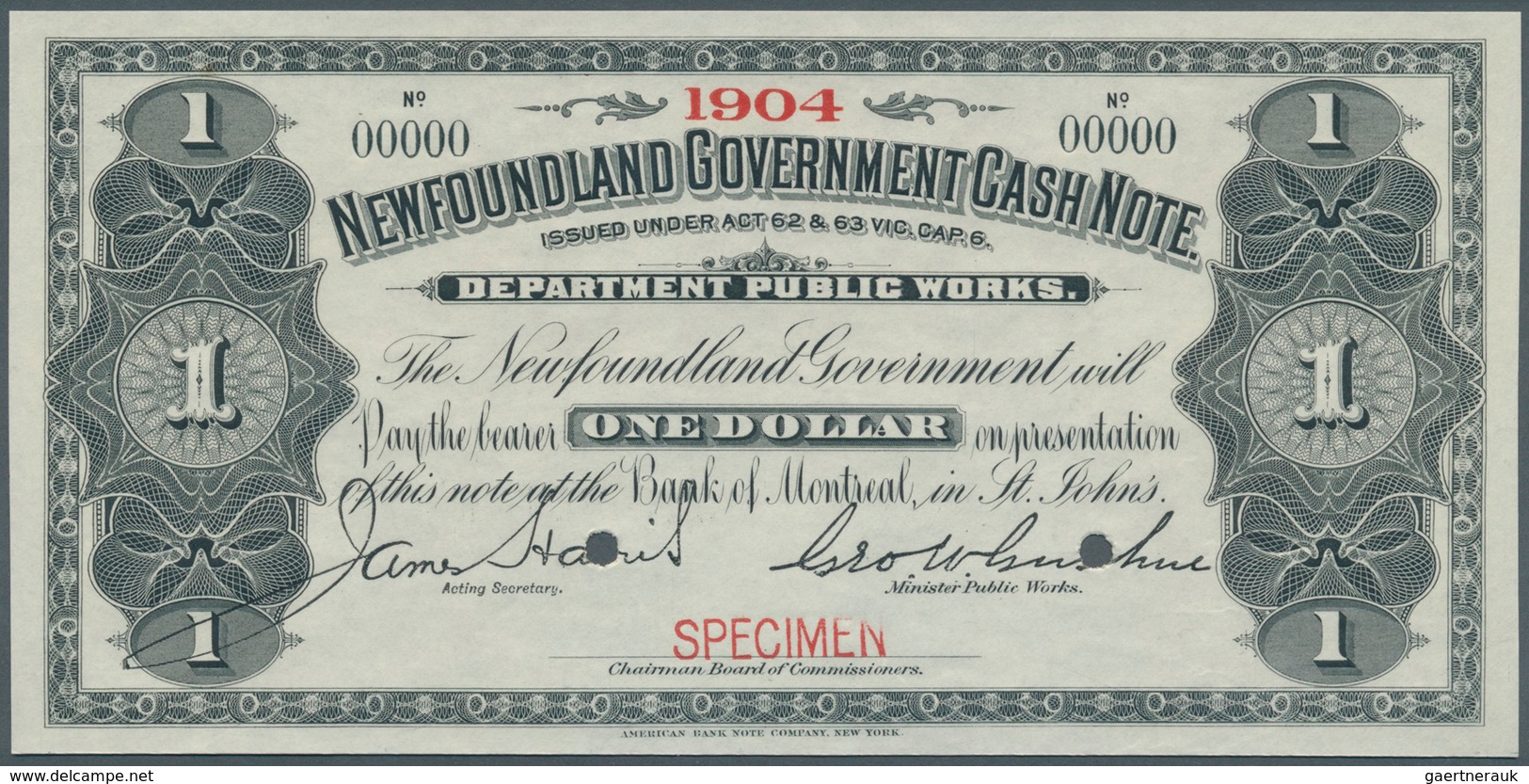 Newfoundland / Neufundland: 1 Dollar ND Specimen P. A7s With Small Red "Specimen" Overprint At Lower - Canada