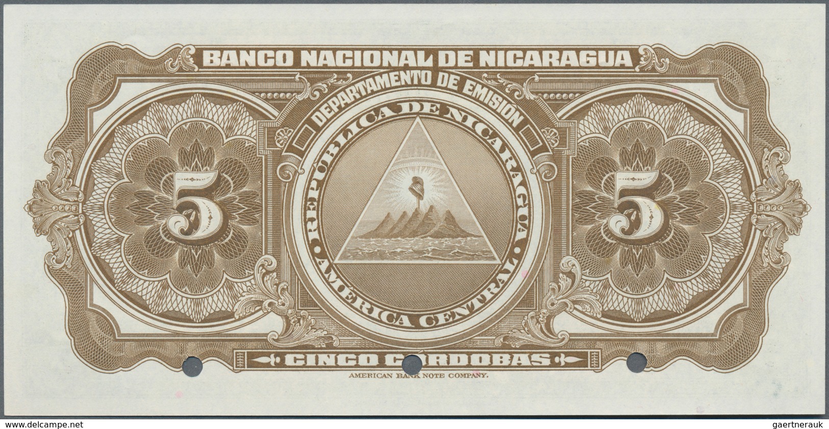 Nicaragua:  Banco Nacional De Nicaragua 5 Cordobas 1945 SPECIMEN, P.93s, Punch Hole Cancellation, Ze - Nicaragua