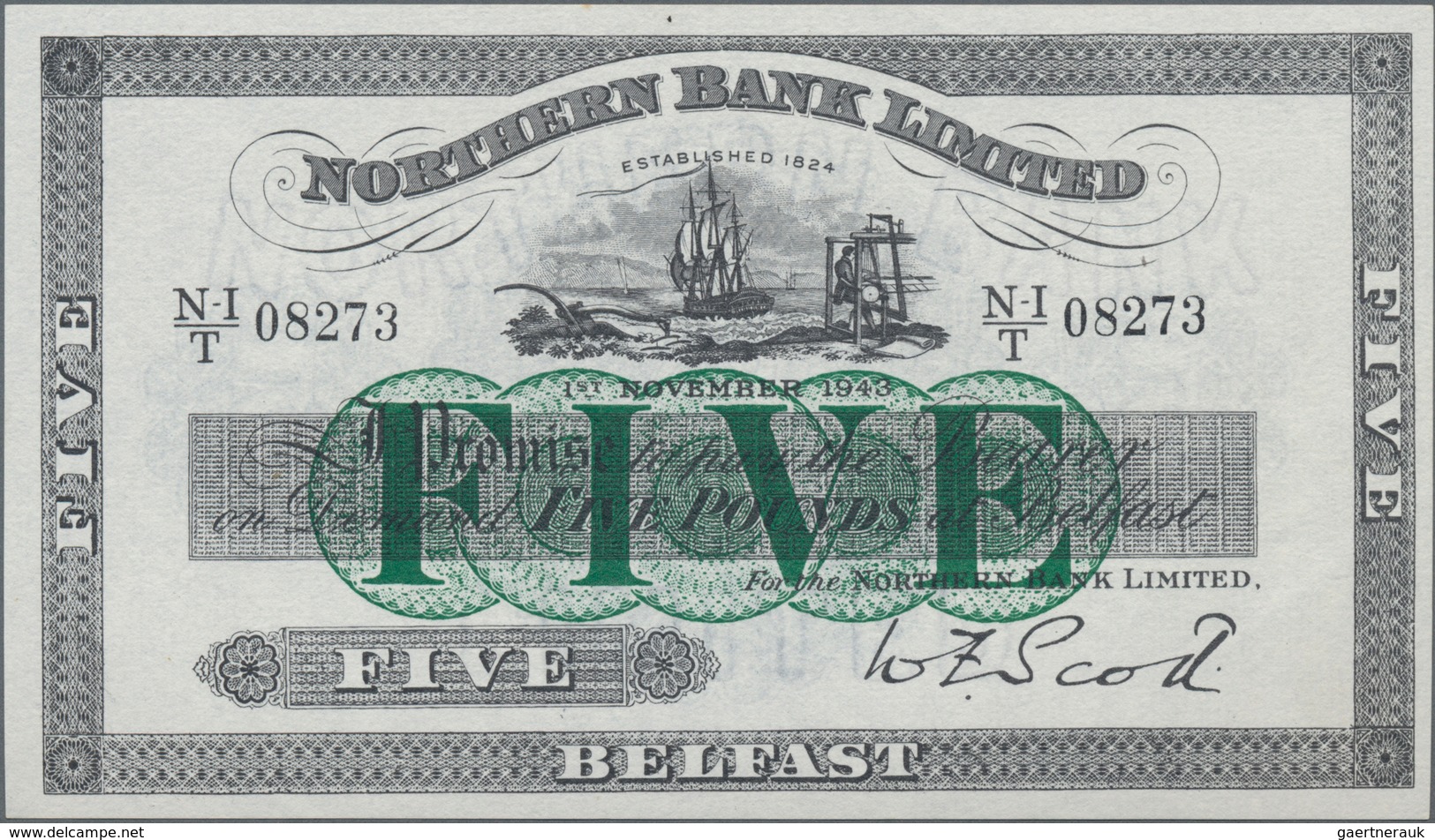 Northern Ireland / Nordirland: Northern Bank Limited 5 Pounds 1943, P.180b, Completely Unfolded With - Autres & Non Classés