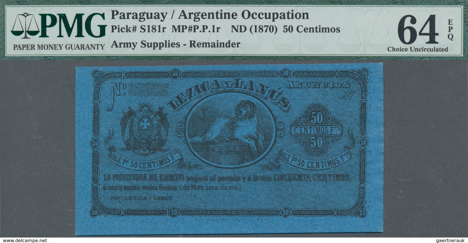 Paraguay: Argentine Occupation – Lezica Y Lanus 50 Centimos ND(1870) Remainder, Issued By Foreign Tr - Paraguay