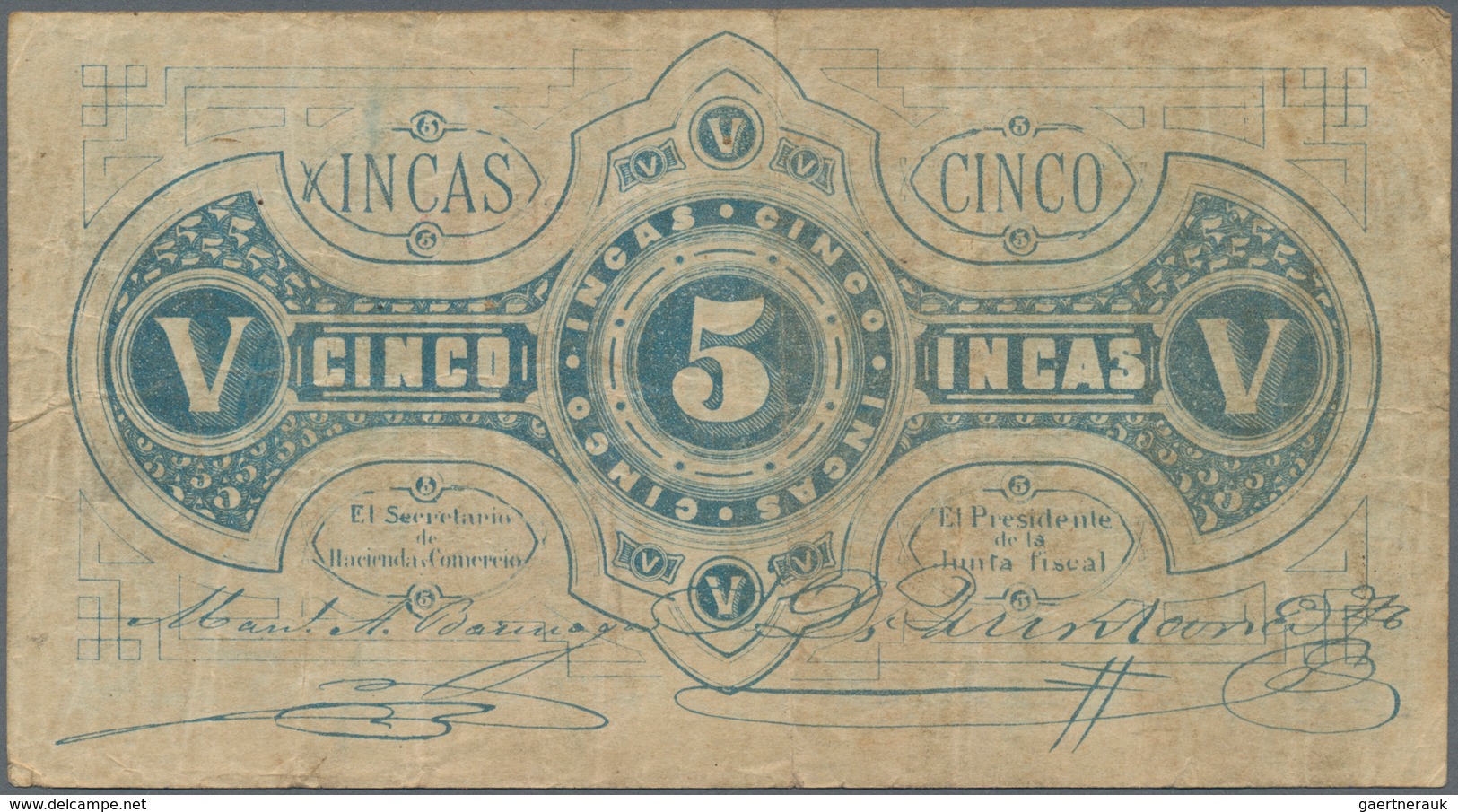 Peru: Republica Del Peru 5 Incas 1881, P.15, Still Great Original Shape With Crisp Paper And Without - Peru