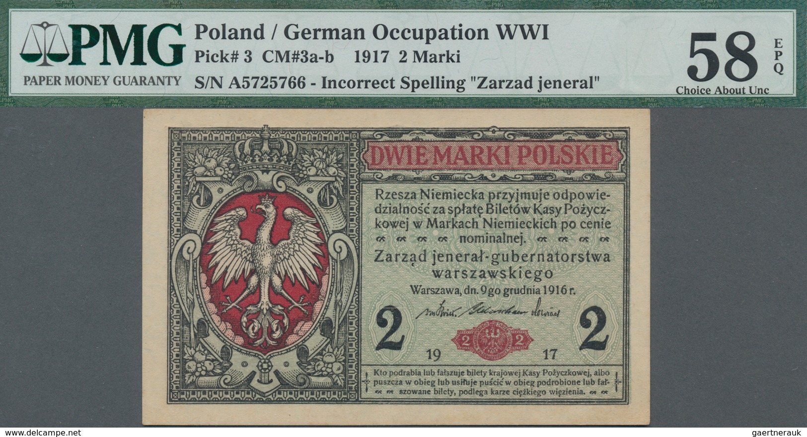 Poland / Polen: State Loan Bank, German Occupation WW I, 2 Marki 1917, Title On Front Reads "Zarząd - Poland