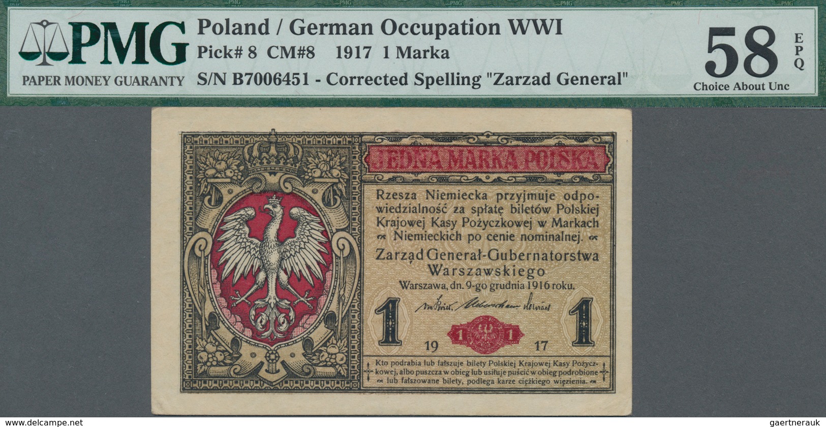 Poland / Polen: State Loan Bank, German Occupation WW I, 1 Marka 1917, Title On Front Reads "Zarząd - Polen