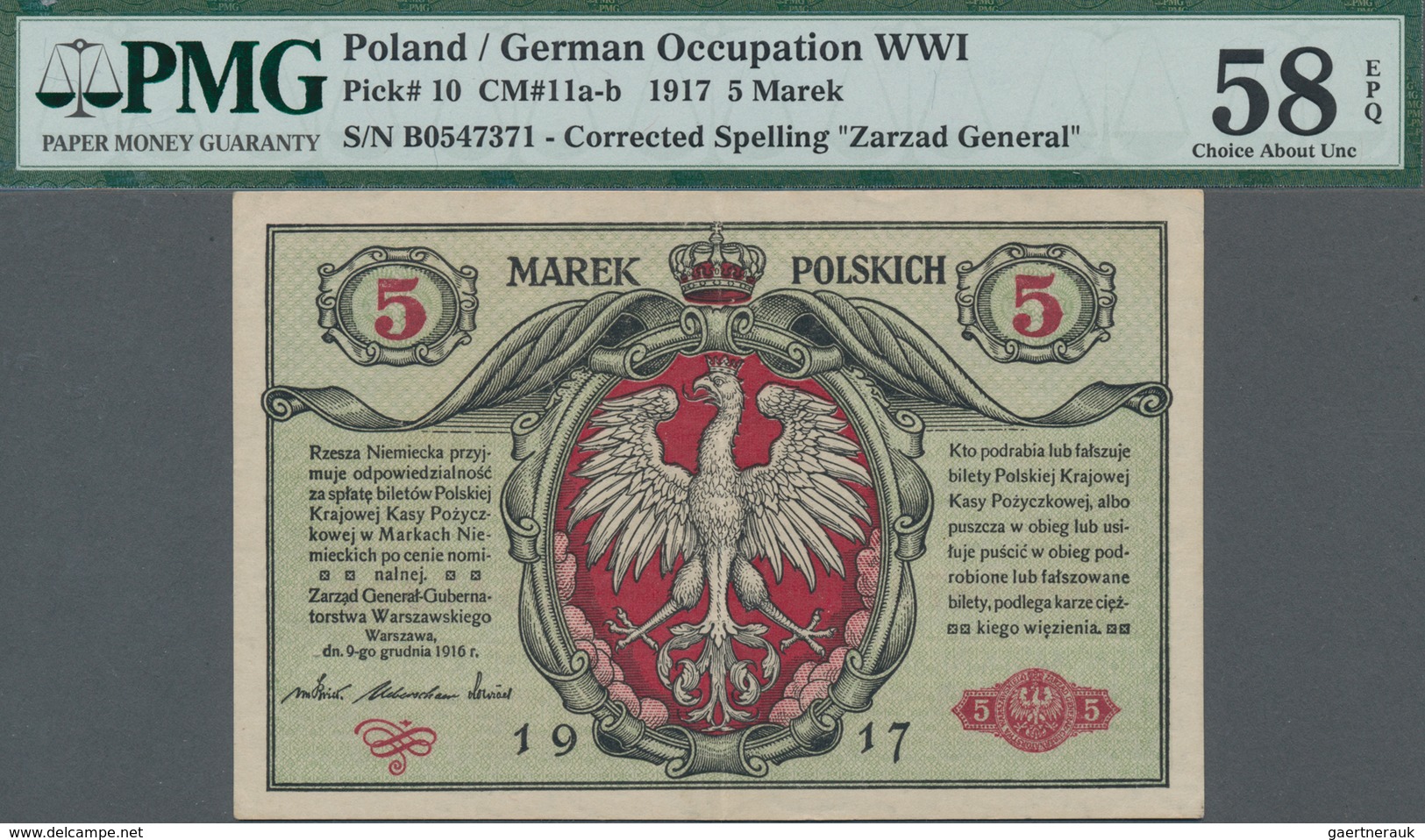 Poland / Polen: State Loan Bank, German Occupation WW I, 5 Marek 1917, Title On Front Reads "Zarząd - Pologne