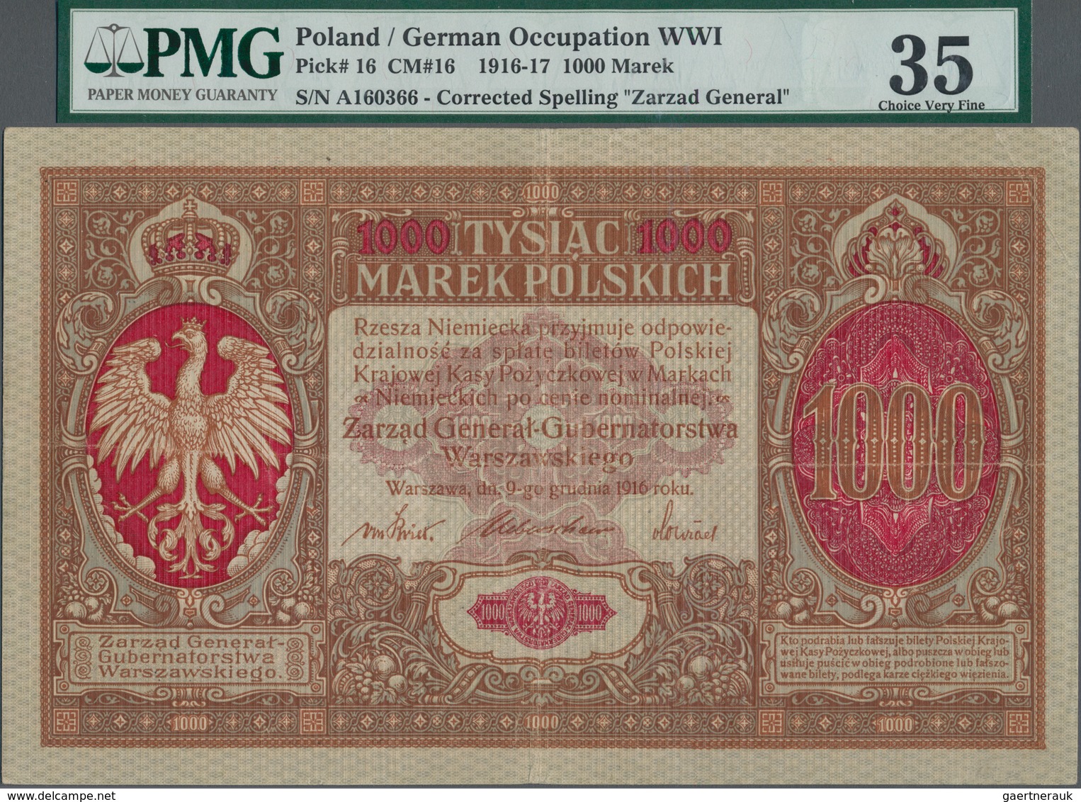 Poland / Polen: State Loan Bank, German Occupation WW I, 1000 Marek 1916, Title On Front Reads "Zarz - Poland