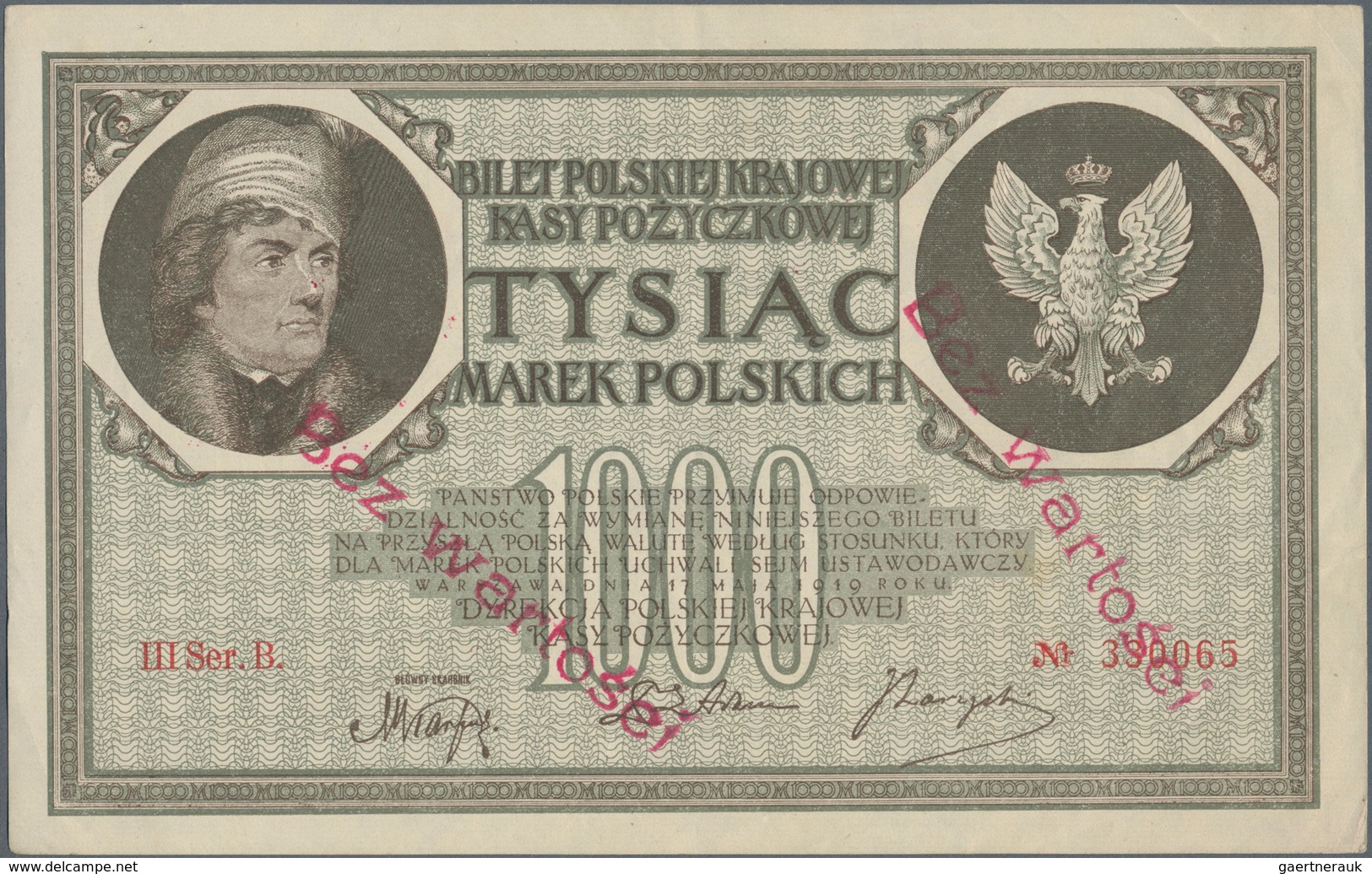 Poland / Polen: 1000 Marek 1919 With Red Overprint "Bez Wartosi", P.22 (Milczak 22i) In XF Condition - Poland