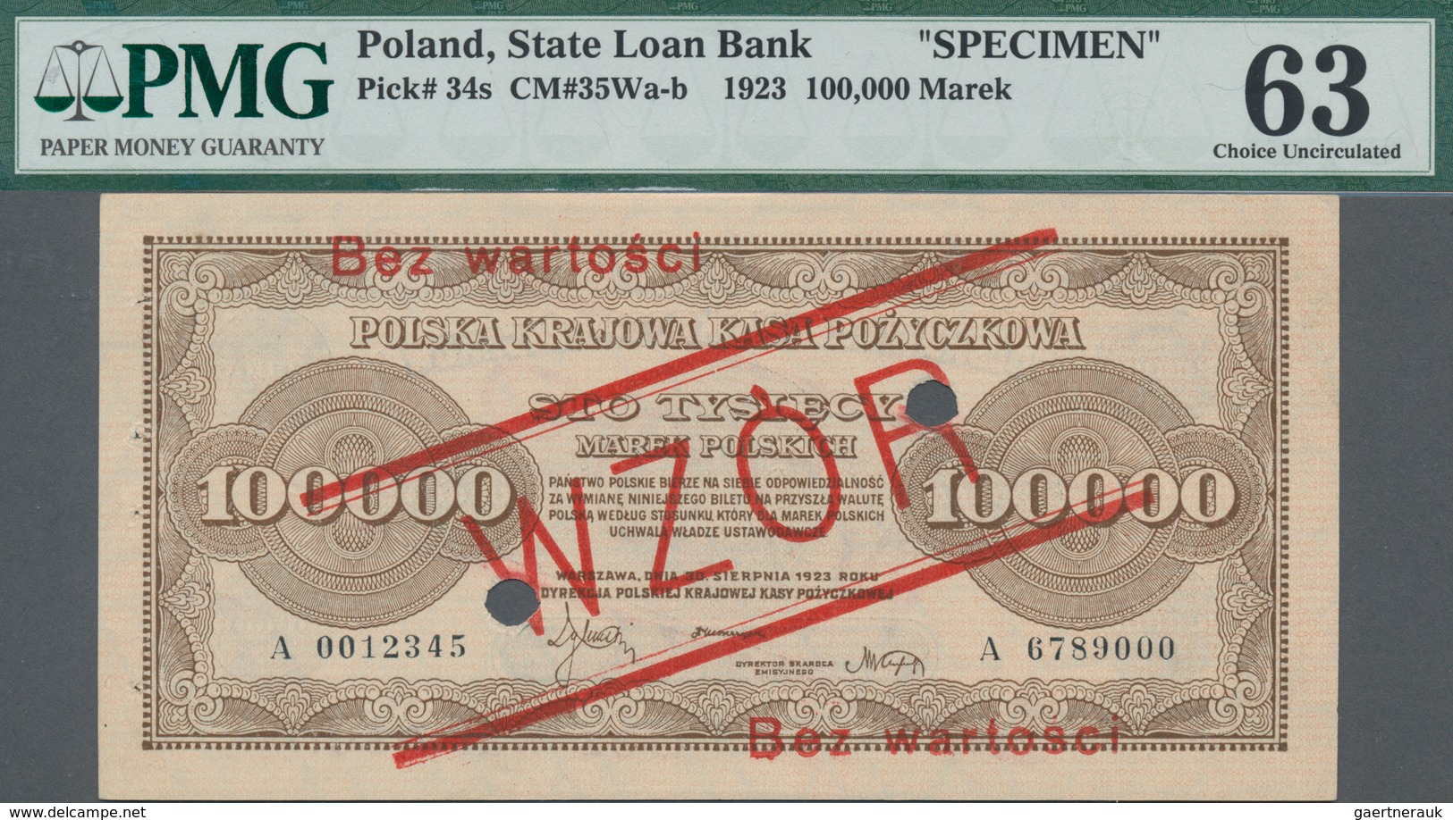 Poland / Polen: State Loan Bank 100.000 Marek 1923 SPECIMEN, P.34s With Red Overprint "WZOR" And "Be - Pologne