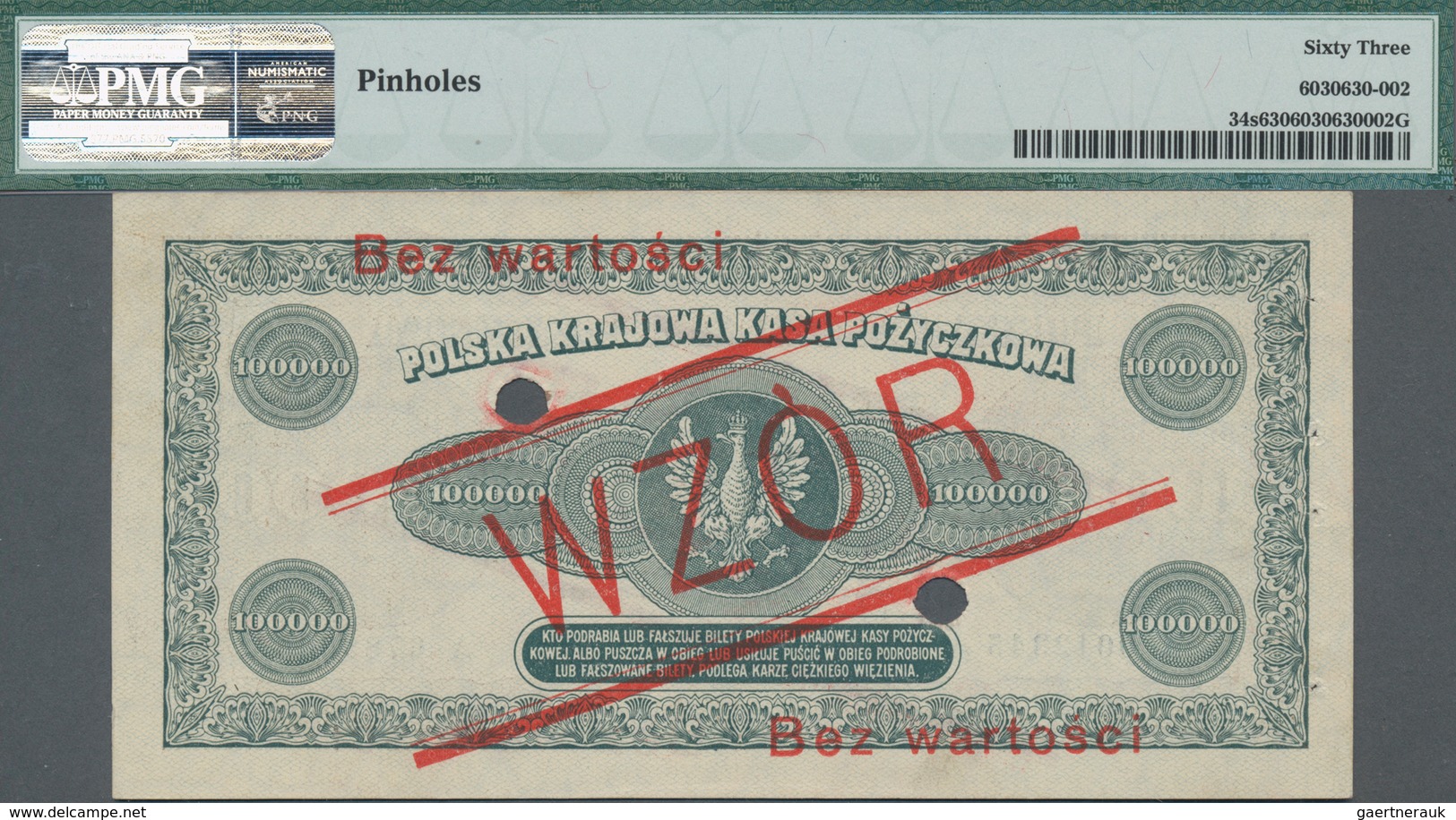 Poland / Polen: State Loan Bank 100.000 Marek 1923 SPECIMEN, P.34s With Red Overprint "WZOR" And "Be - Pologne