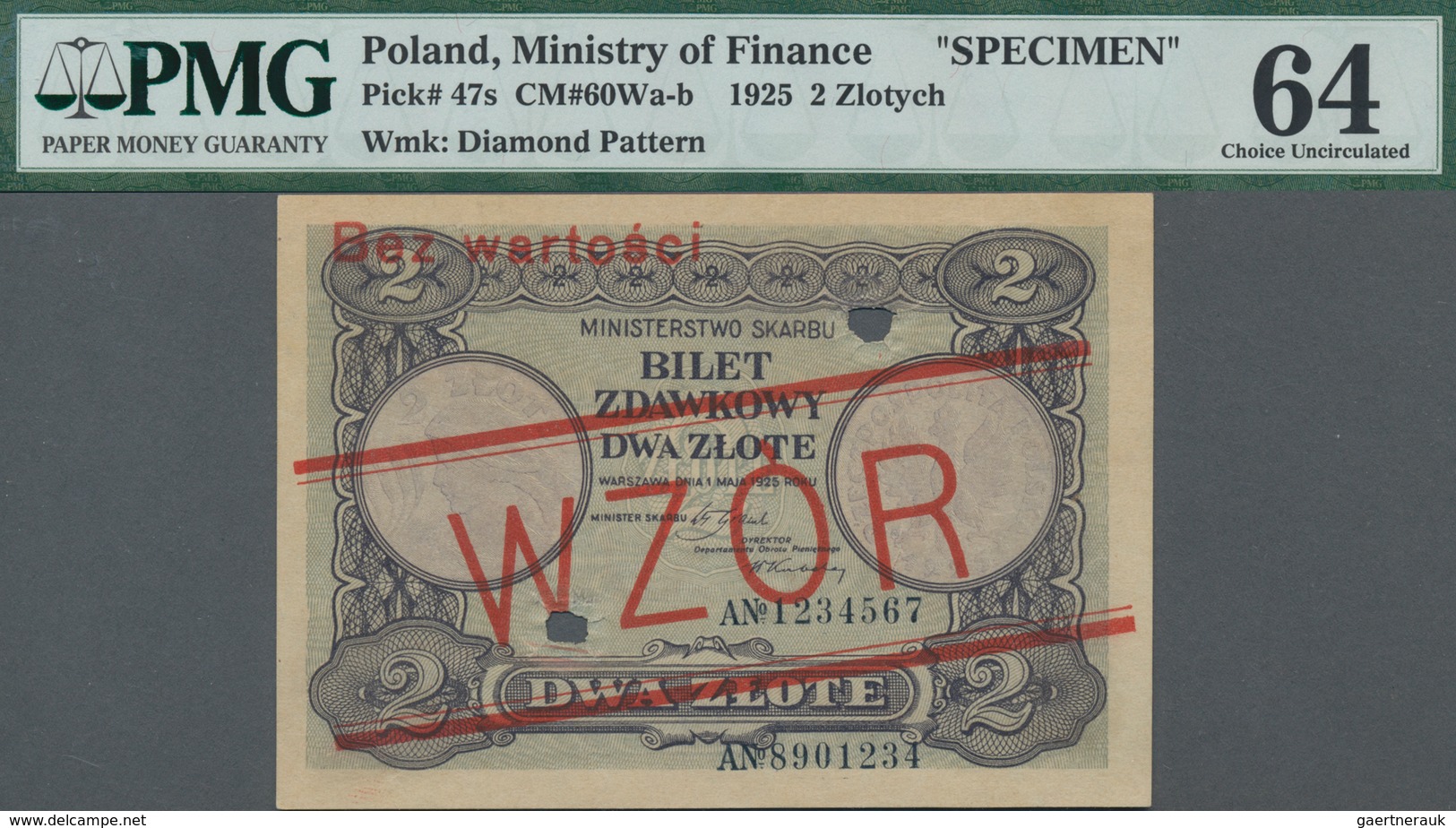 Poland / Polen: Ministry Of Finance 2 Zlote 1925 SPECIMEN, P.47s With Red Overprint "WZOR" And "Bez - Pologne