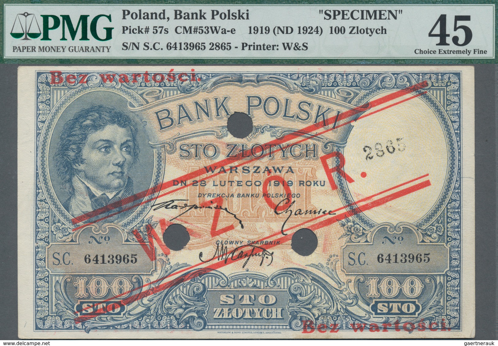 Poland / Polen: Bank Polski 100 Zlotych 1919 (ND 1924) SPECIMEN, P.57s With Red Overprint "WZOR" And - Polen