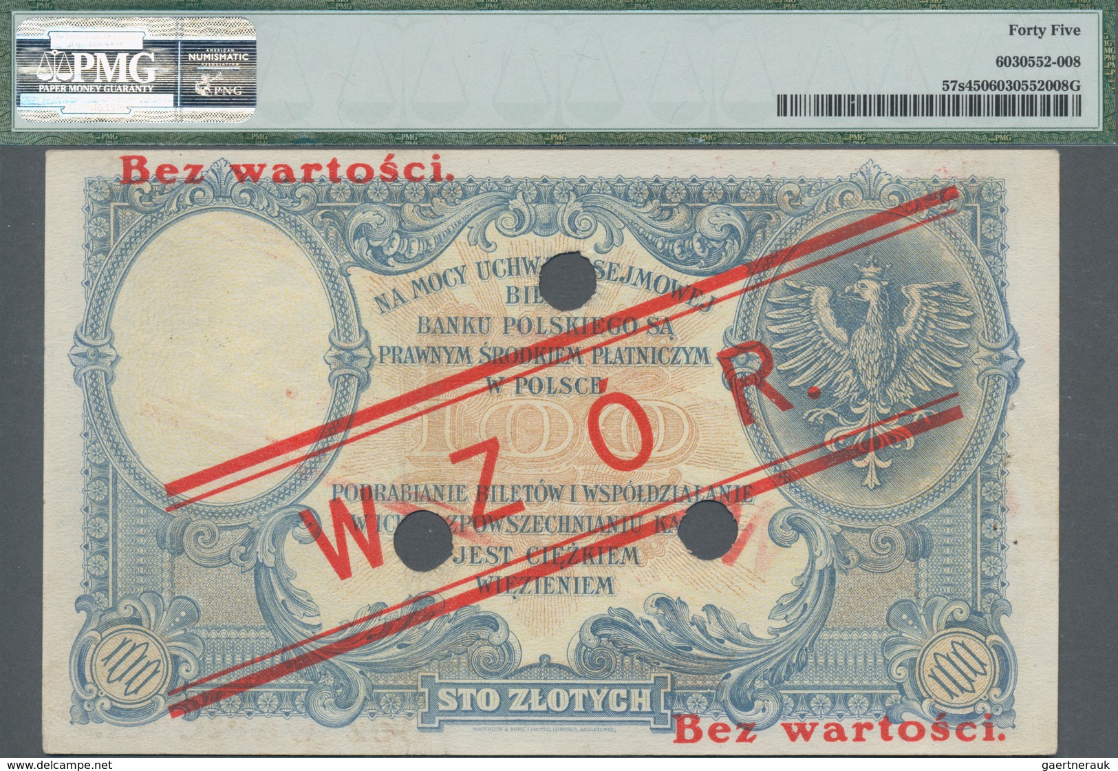 Poland / Polen: Bank Polski 100 Zlotych 1919 (ND 1924) SPECIMEN, P.57s With Red Overprint "WZOR" And - Poland