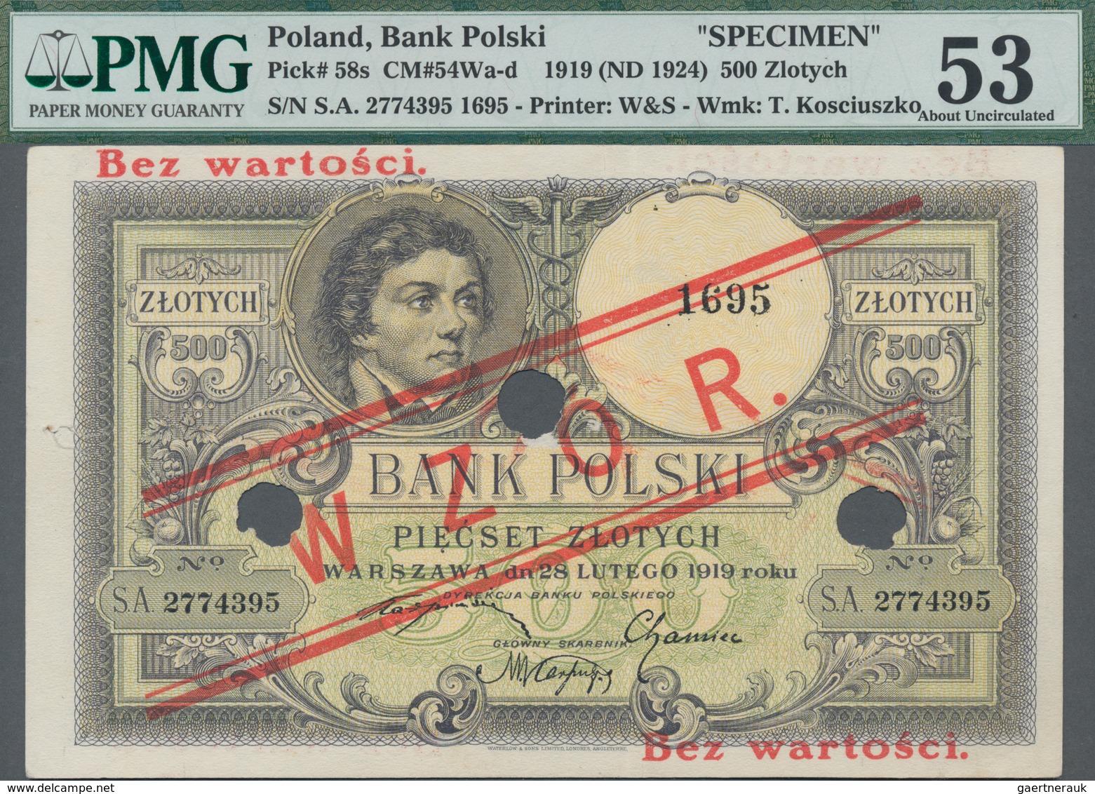 Poland / Polen: Bank Polski 500 Zlotych 1919 (ND 1924) SPECIMEN, P.58s With Red Overprint "WZOR" And - Poland