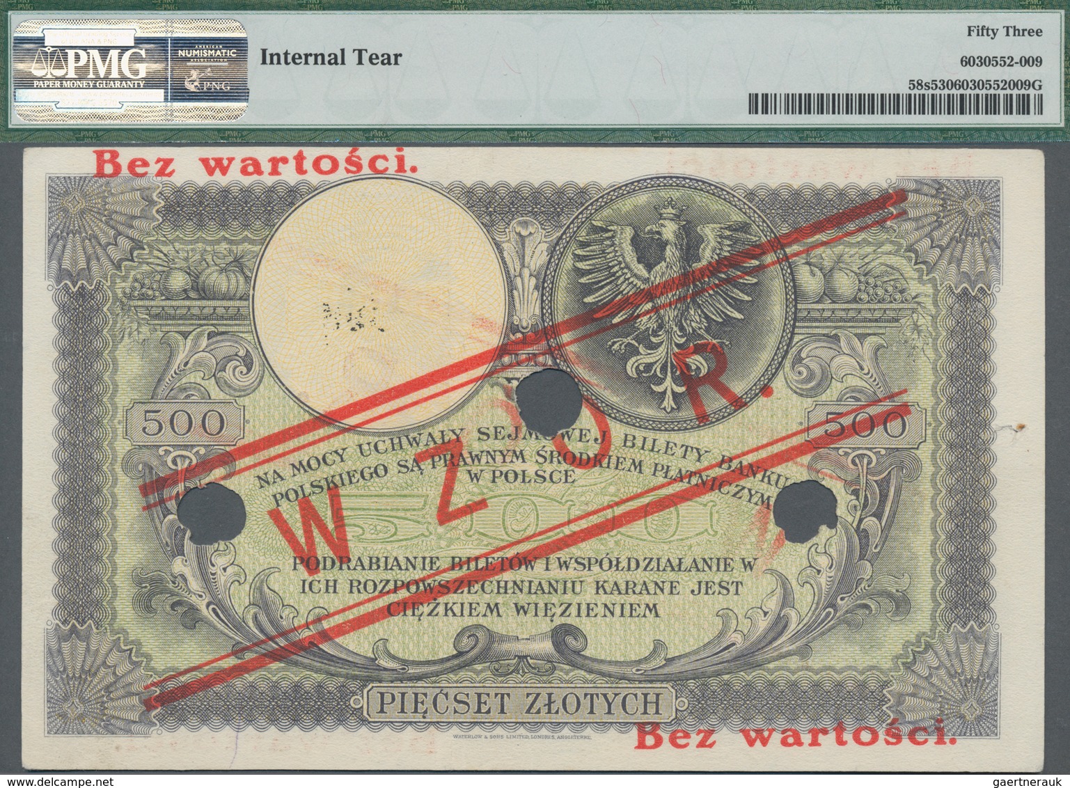 Poland / Polen: Bank Polski 500 Zlotych 1919 (ND 1924) SPECIMEN, P.58s With Red Overprint "WZOR" And - Poland