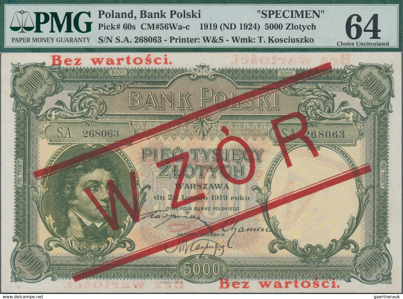 Poland / Polen: 5000 Zlotych 1919 (ND 1924) SPECIMEN, P.60s With Red Overprint "WZOR" And "Bez Warto - Pologne