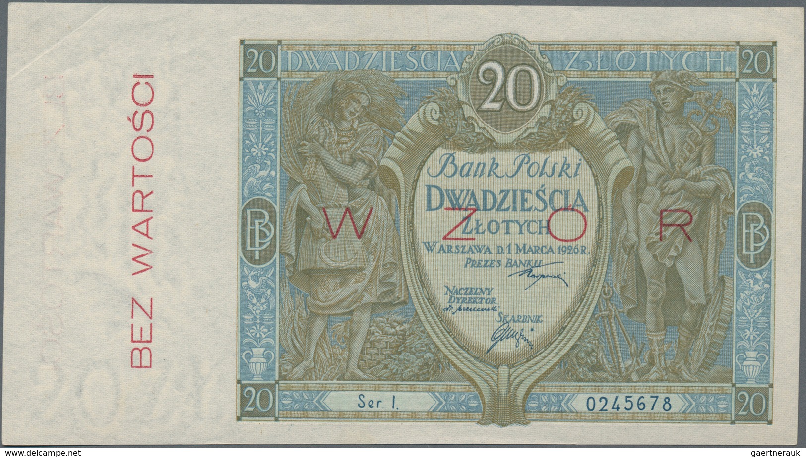 Poland / Polen: Bank Polski 20 Zlotych 1926 SPECIMEN, P.66s With Red Overprint "Wzor" And "Bez Warto - Polen