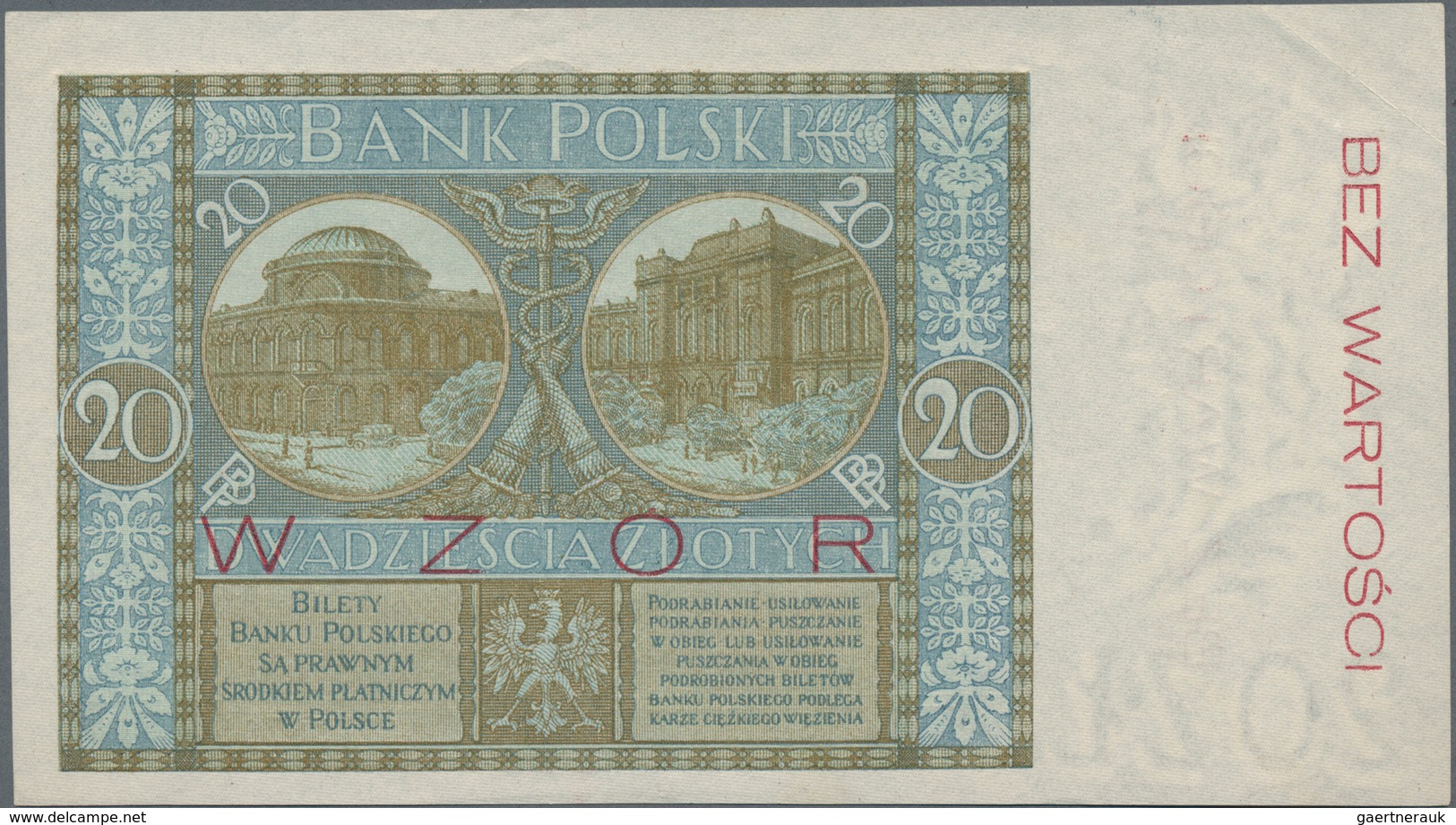 Poland / Polen: Bank Polski 20 Zlotych 1926 SPECIMEN, P.66s With Red Overprint "Wzor" And "Bez Warto - Poland