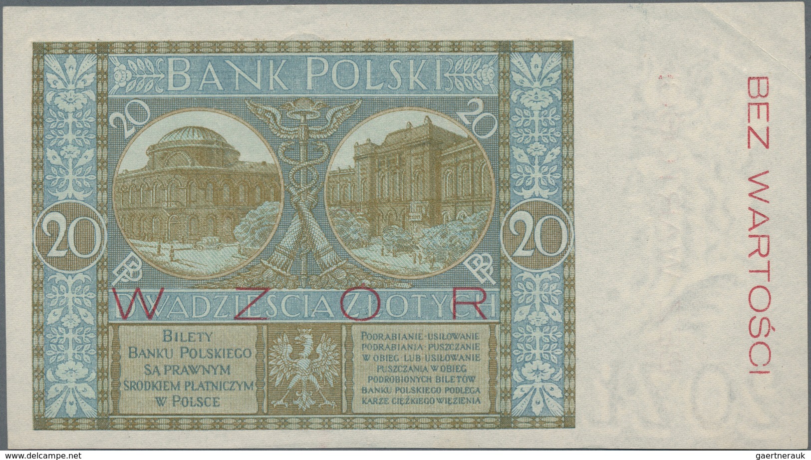 Poland / Polen: Bank Polski 20 Zlotych 1926 SPECIMEN, P.66s With Red Overprint "Wzor" And "Bez Warto - Polen