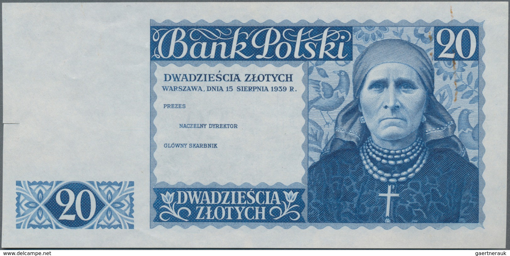 Poland / Polen: Bank Polski Proof For The Unissued 20 Zlotych 1939 Without Signatures, P.83p, Unfold - Polen