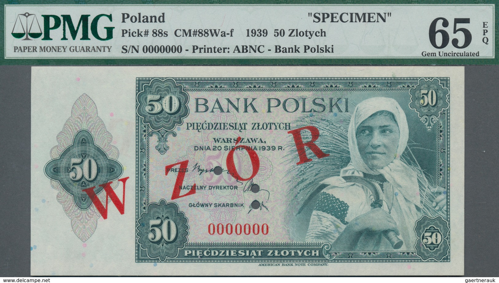 Poland / Polen: Bank Polski 50 Zlotych 1939 Unissued Series SPECIMEN, P.88s, With Red Overprint "WZO - Poland